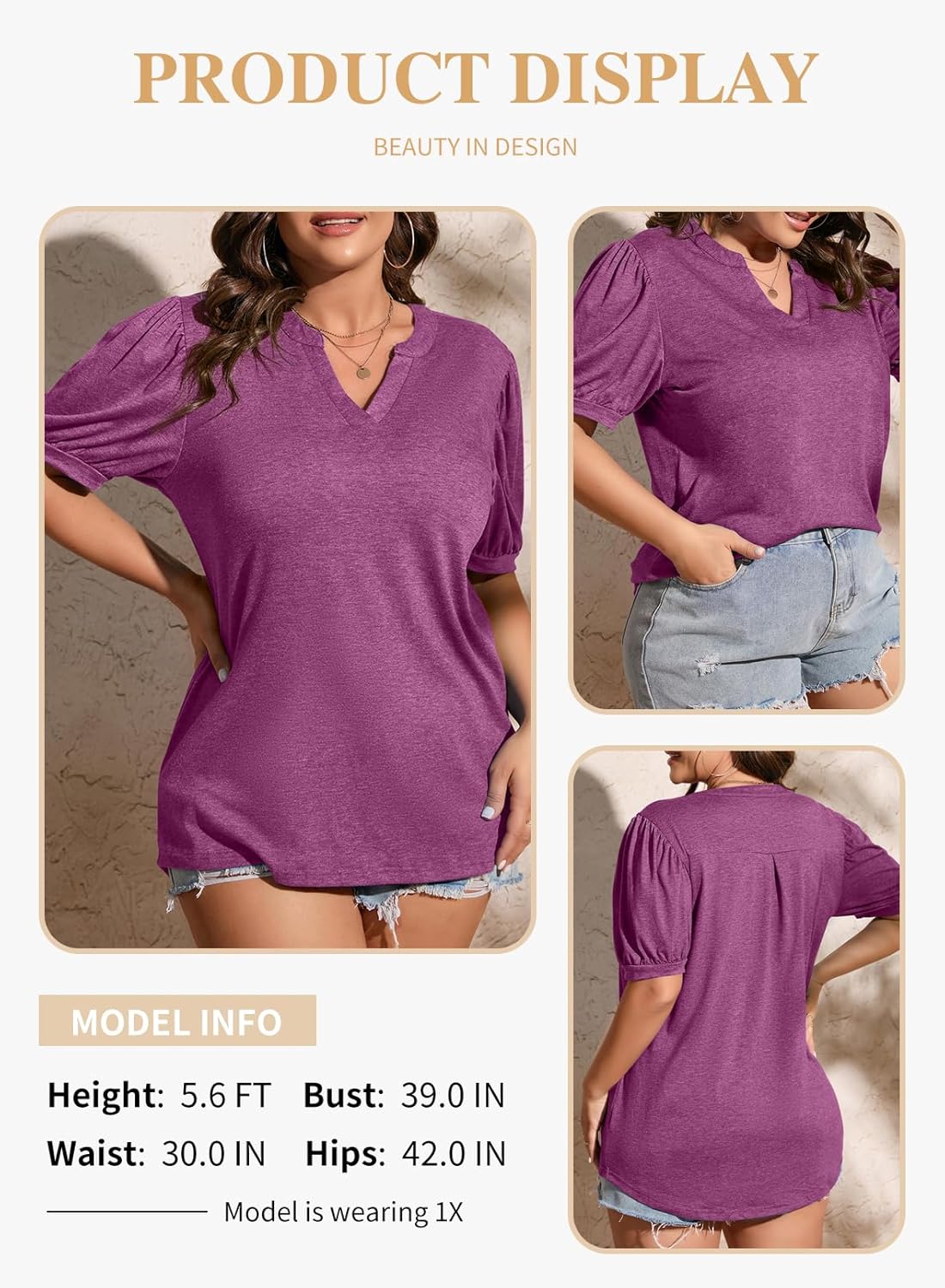 Eytino Womens Plus Size Tops V Neck Puff Short Sleeve Summer Loose Casual Solid Tees Shirts(1X-5X) - Image 3