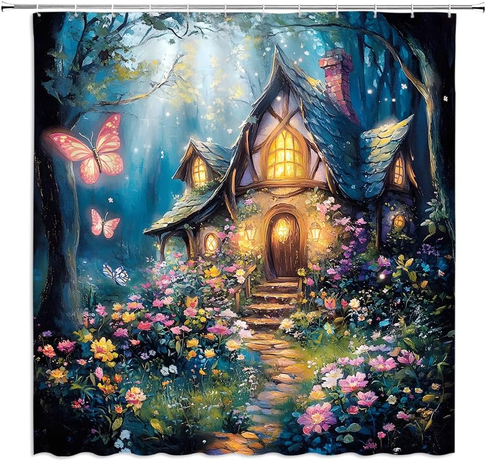 Fantasy Forest Shower Curtain Fairy Garden Rustic Cabin Enchanted Wonderland Wood Tale Tree Magical Butterfly Floral Bathroom Decor Polyester Fabric Curtains with Hook 90Wx70H Inches