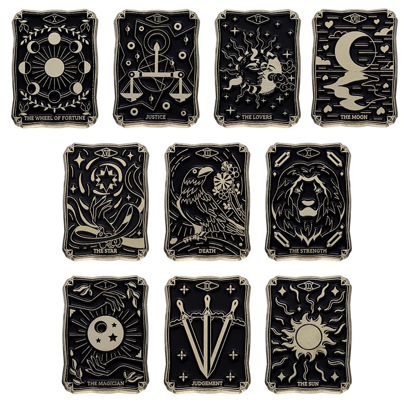 Image of ROFARSO Talismanic Tarot Enamel Lapel Pin Set Black and Gold Pin, Accessory for Backpacks Clothing Bags Hats Shirts (10piccs pin set)