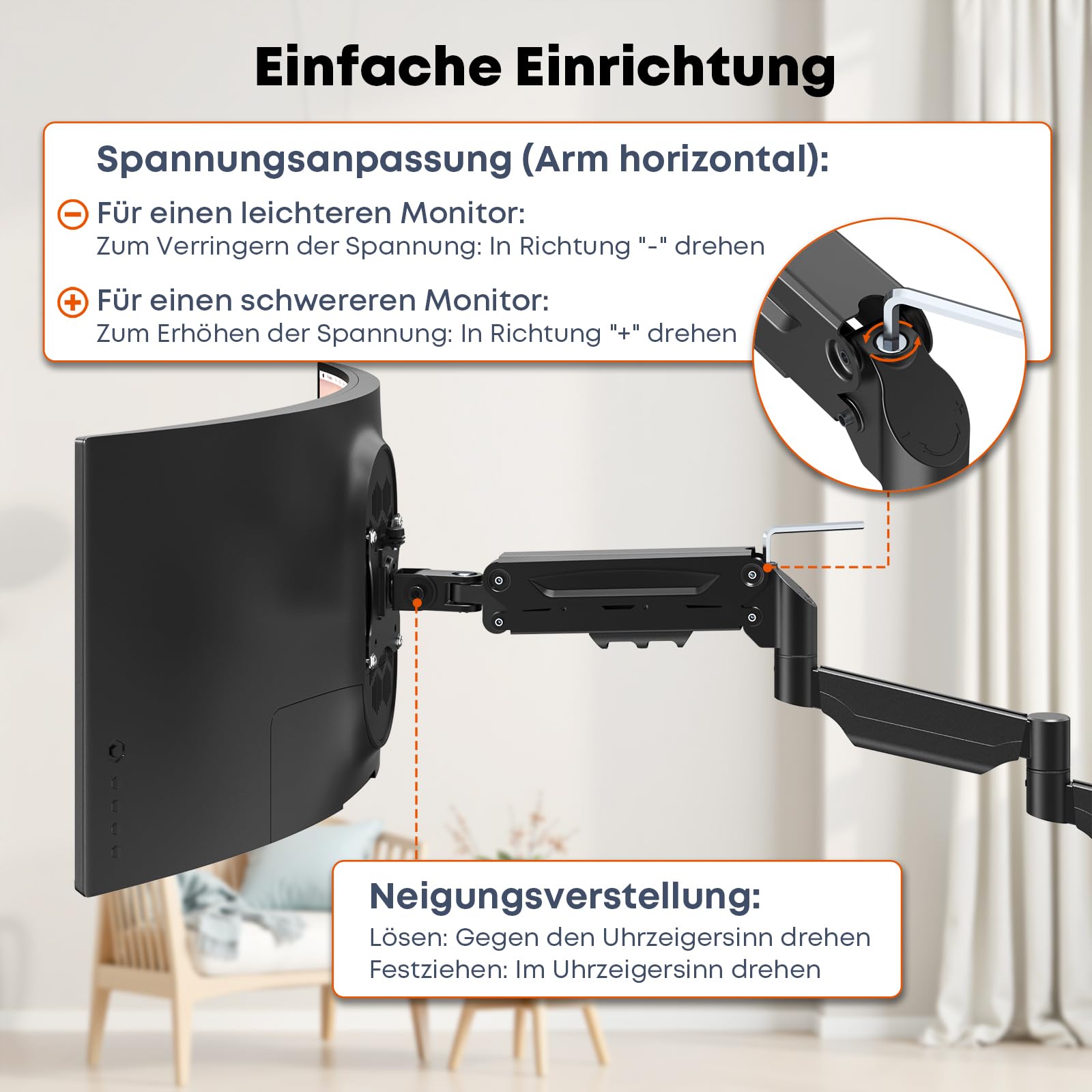 Monitor Wandhalterung für 17-32 Zoll Bildschirm - Extra Lang Monitor Halterung mit voller einstellbaren Gasfeder, bis 9 kg, VESA 75/100, Schwarz