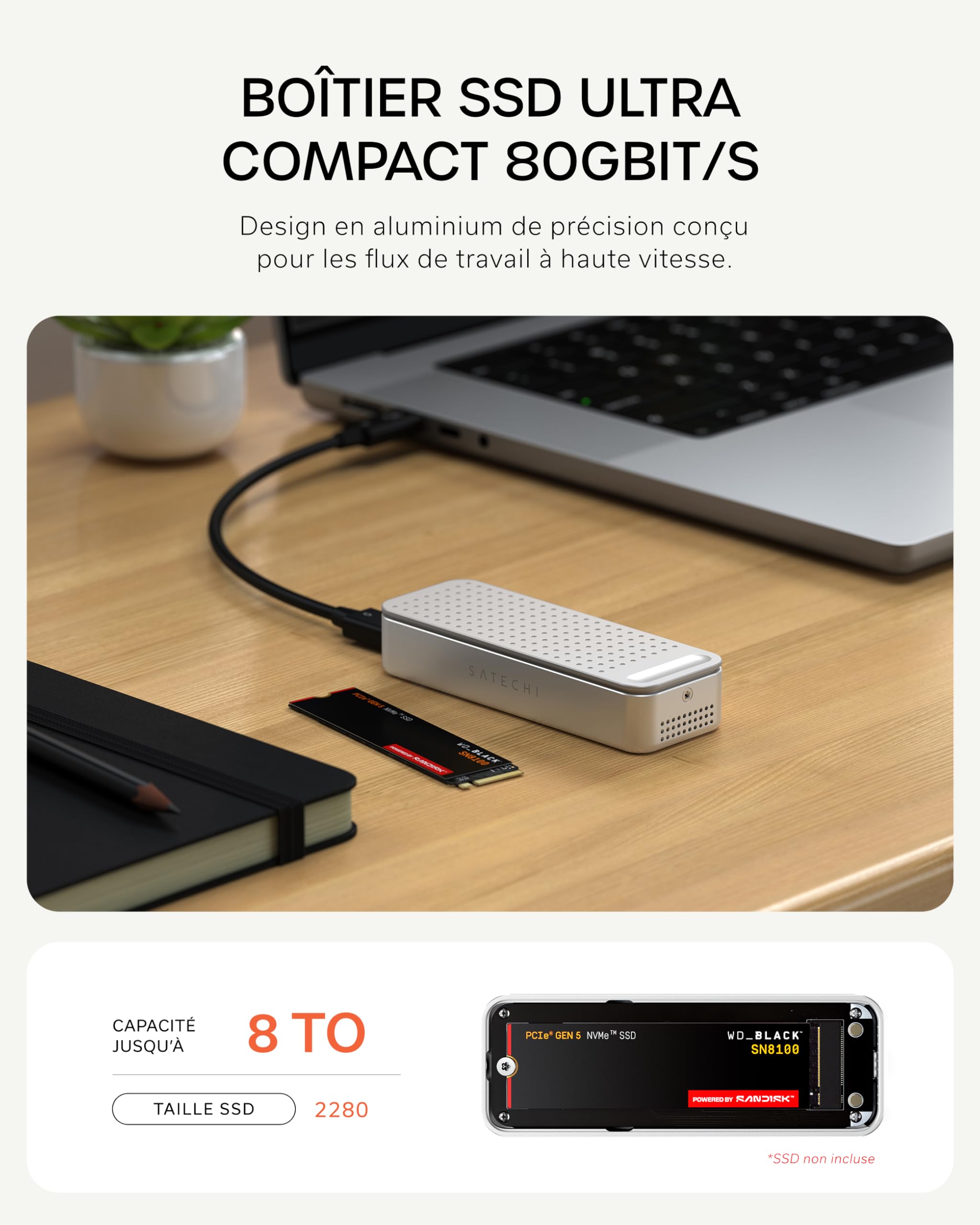 SATECHI DotDisk™ Boîtier SSD M.2 NVMe 80Gbps, USB4 V2 en Aluminium avec Refroidissement Actif, Transfert Ultra Rapide pour Thunderbolt 5 et USB4 – Argent
