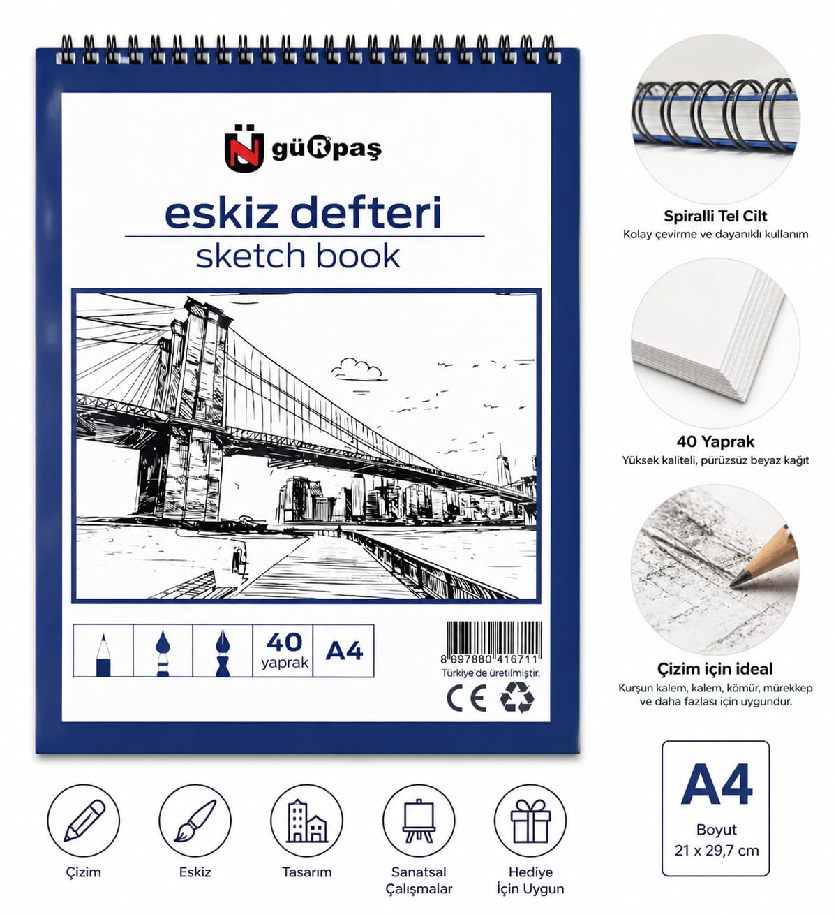 Gürpaş A4 Spiralli Eskiz Defteri, 40 Yaprak, Kurşun Kalem ve Karakalem için, Öğrenci, Tasarımcı ve Profesyonel Kullanım