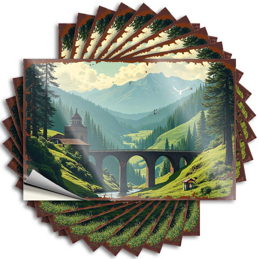 Fzfn Colour Mountain Serenity: A Bridge Connecting Nature And Architecture Bumper Necessities Self Adhesive | Encouragement Door Vinyl Sticker Pack For Birthday(8X12cm)