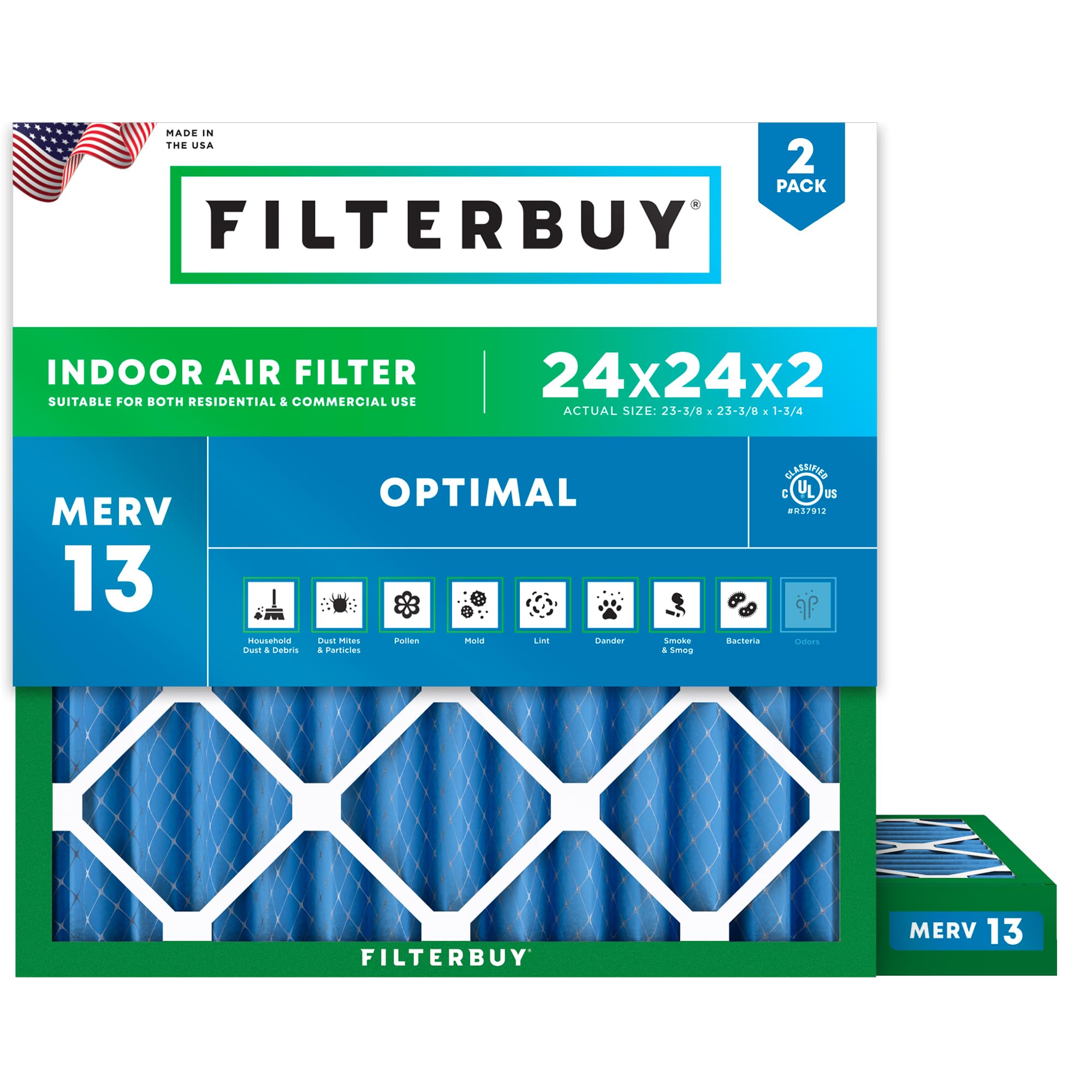 Filtre à air 24x24x2 MERV 13 de rechange plissé pour une protection optimale de la maison