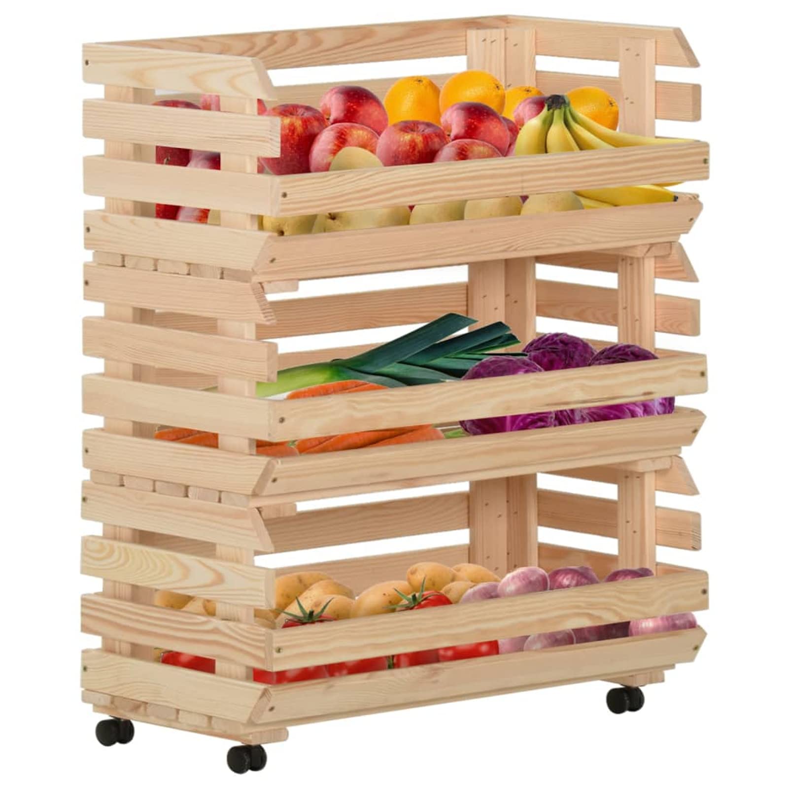 Tidyard Gemüsewagen Stapelkiste Aubewahrungsboxen Vorratskiste Kartoffelhorde Kartoffelkiste Massivholz Kiefer 77x30x80 cm