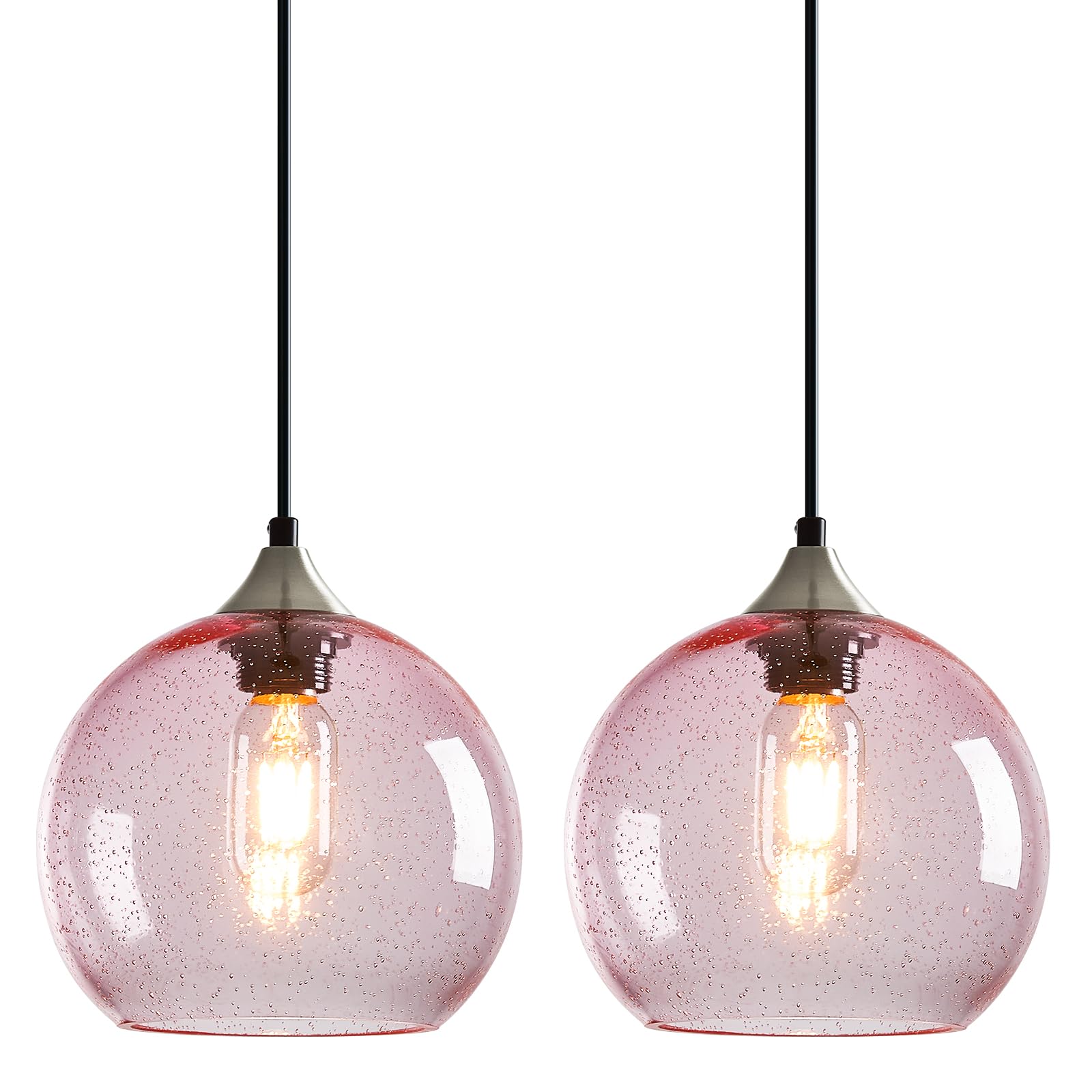 Pink Pendant Lights Kitchen Island 2 Pack, 7.87 in Seeded Glass Globe