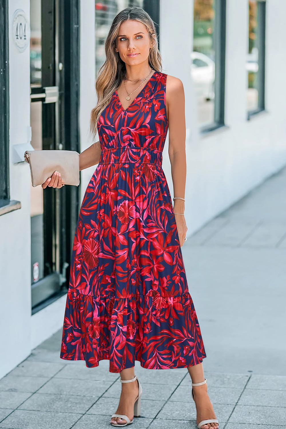 Newshows Sommerkleid Damen V Ausschnitt Ärmelloser A Linie Sommer Kleid Lang Strandkleid mit Taschen
