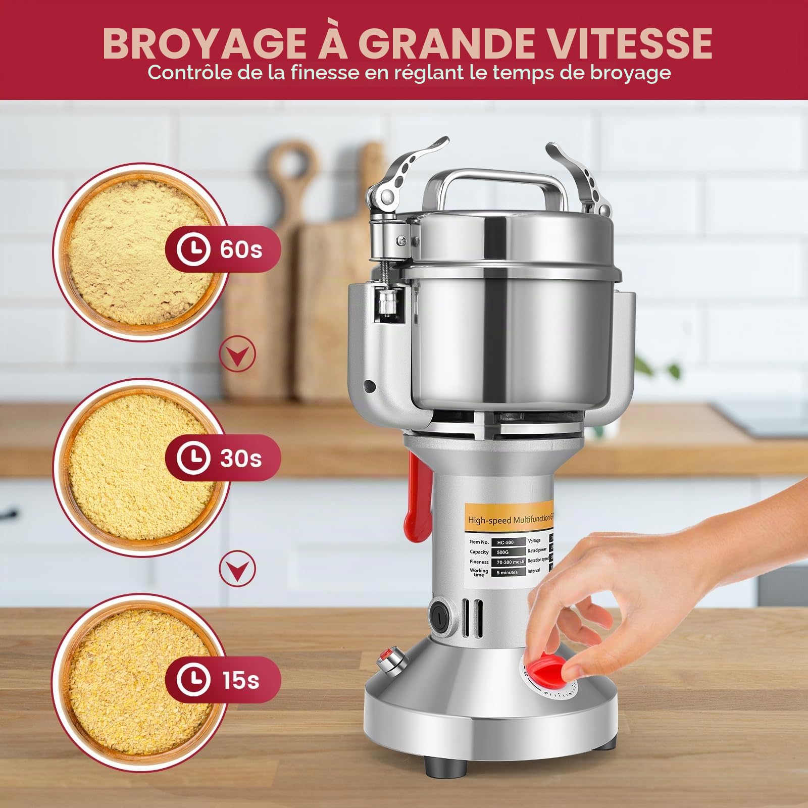 Moulin Céréales Grains électrique,500g Portable Grinder 220V Moulin à épices mit 3 Lames,pour céréales, herbes, épices, noix