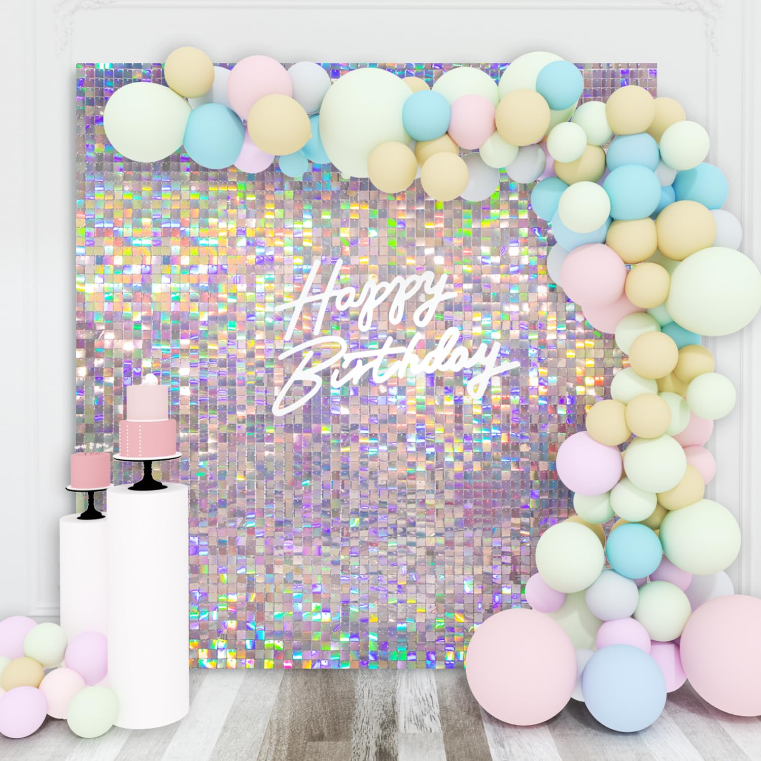 Shimmer Wall Backdrop Silver Iridescent Square Sequin Wall Panel Backdrop Decor for Wedding, Anniversary, Birthday, Party, 36 Panels