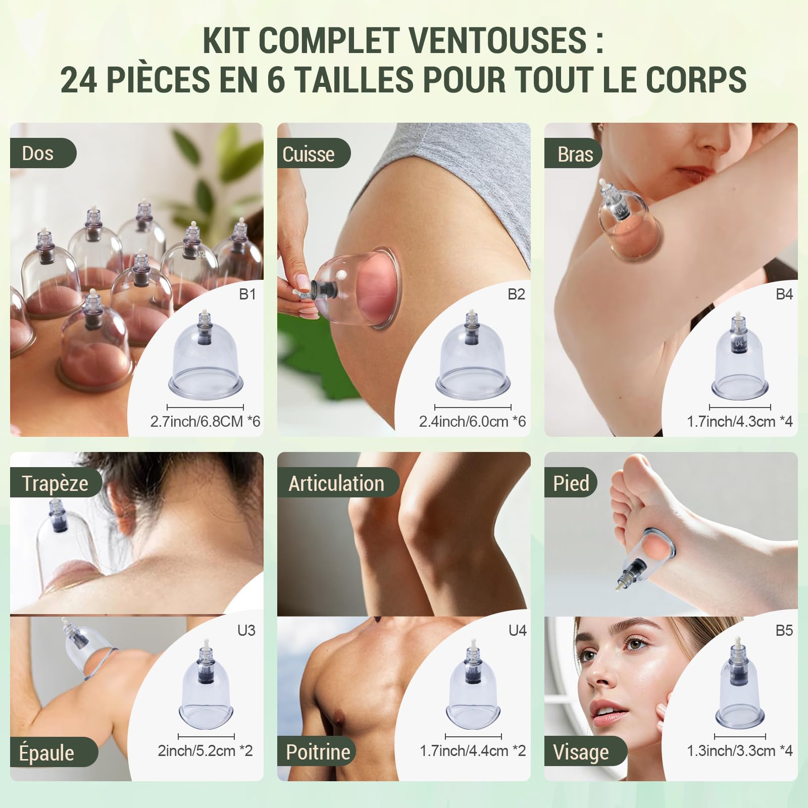 Kit de 24 Ventouses Thérapeutiques, ventouse massage anti-cellulite et relaxation musculaire，ventouse hijama comprenant aiguilles d'acupression amovibles, pompe à vide, tuyau d'extension