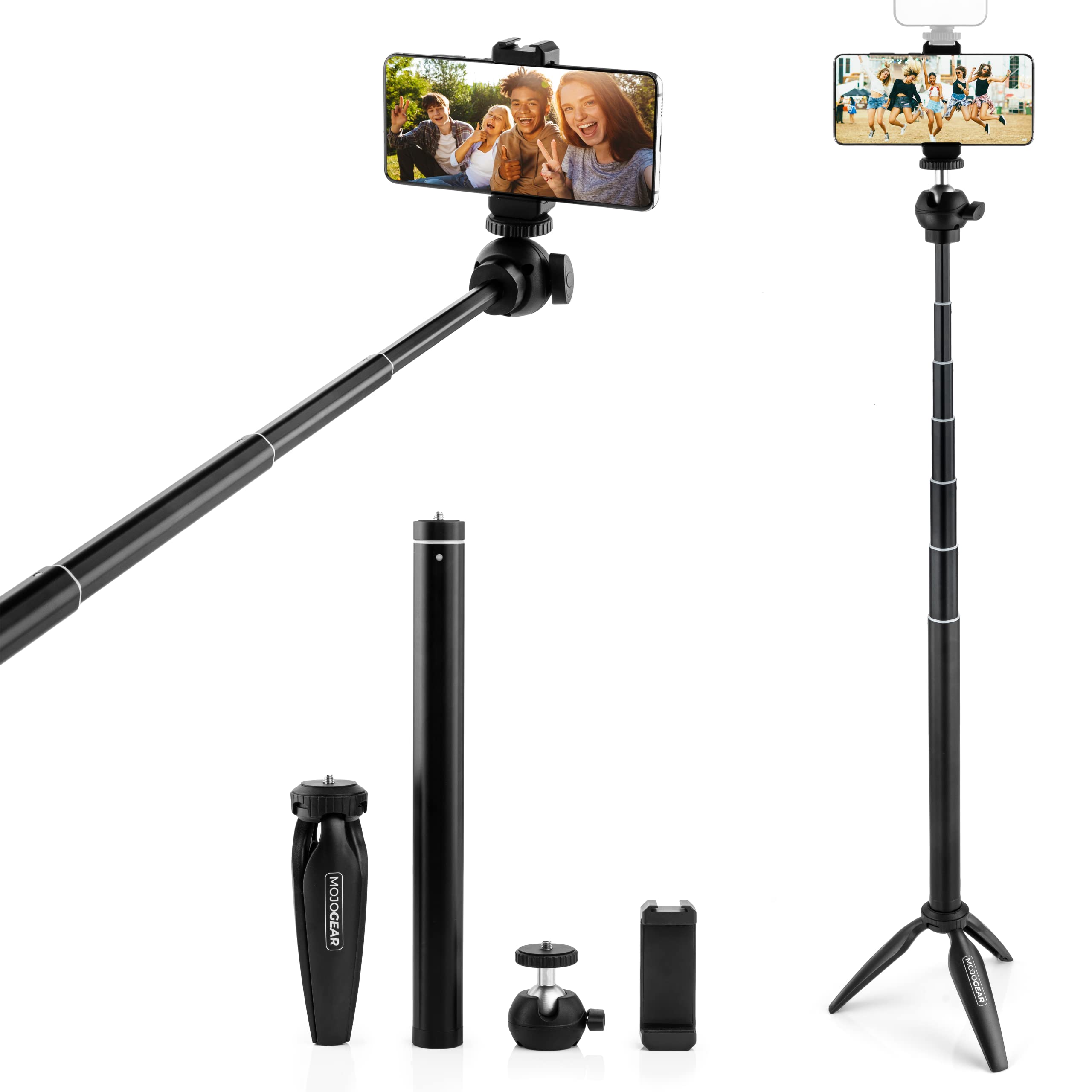 MOJOGEAR Zestaw Vlog: mini statyw, uchwyt na telefon komórkowy i bardzo długi kijek do selfie
