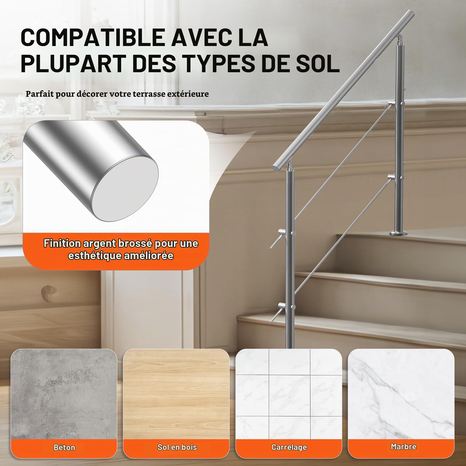 VEVOR Rampe d'Escalier, 120 cm, Main Courante Escalier pour Marches Extérieur Acier Inox, 2 Barres Transversales, Kit d'Installation, Garde Corps Double Colonne pour Personnes Âgées, Porche, Terrasse