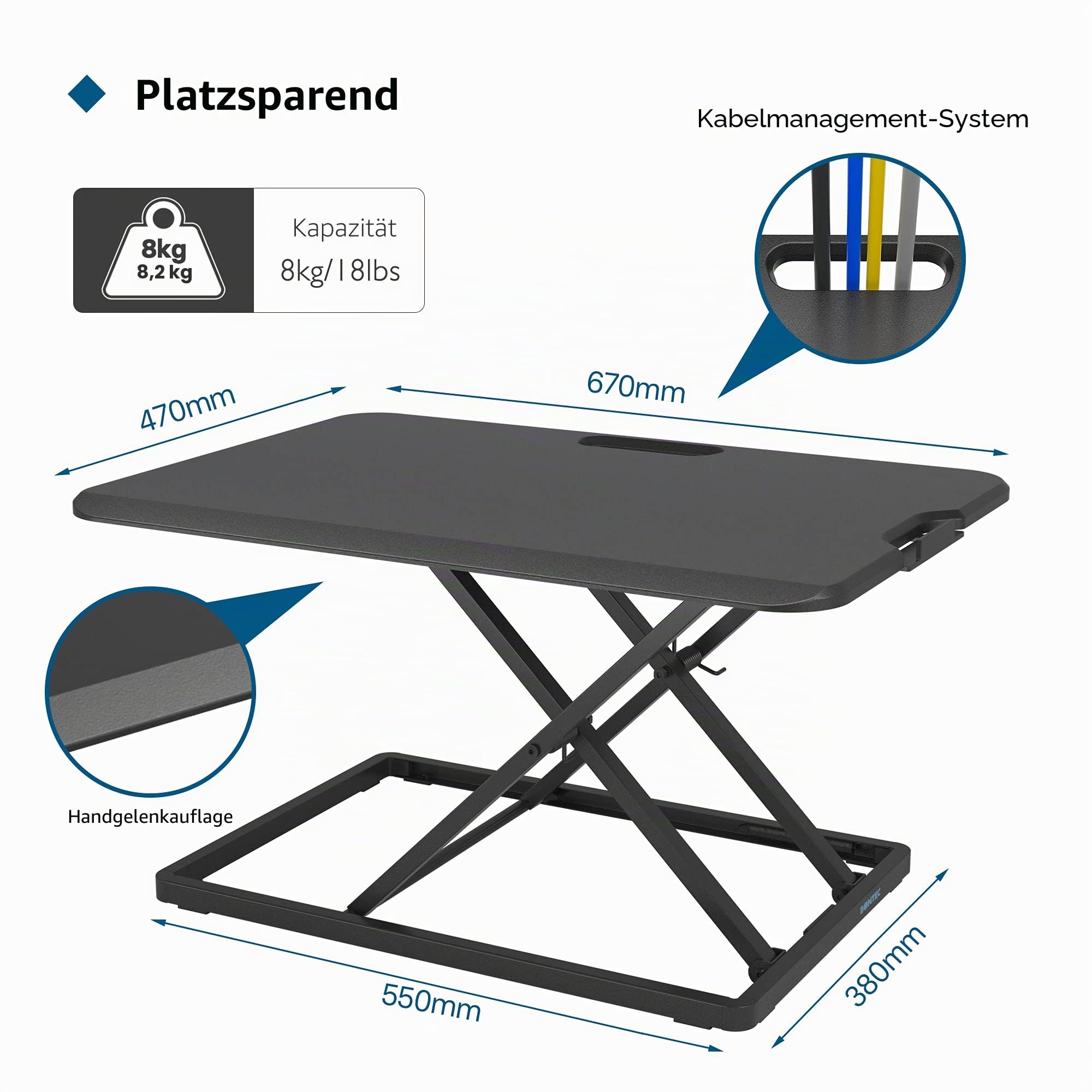 BONTEC Höhenverstellbarer Schreibtischaufsatz, Schreibtisch Erhöhung 67x47cm, Tragfähigkeit 8 kg, Stehpult, Ergonomischer Stehtisch, Standing Desk Converter Für Laptop & Monitor