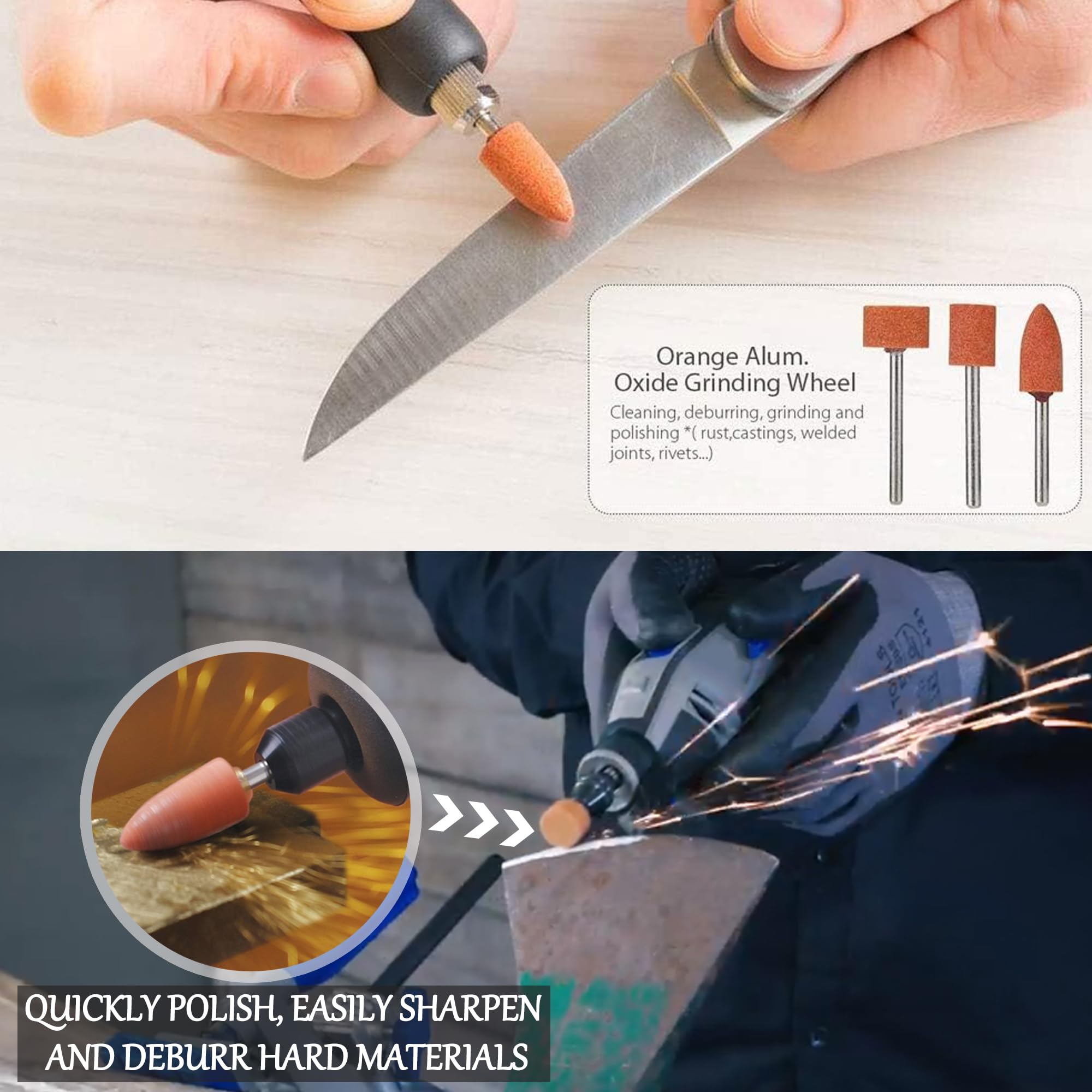 3MM Testa di Mole Montata, Multifunzione Set di Punte Abrasive in Pietra Mola con Gambo da 1/8", Accessori per Mole Set, Professionale Testa di Lucidatura per Smerigliare e Affilare Lucidatura