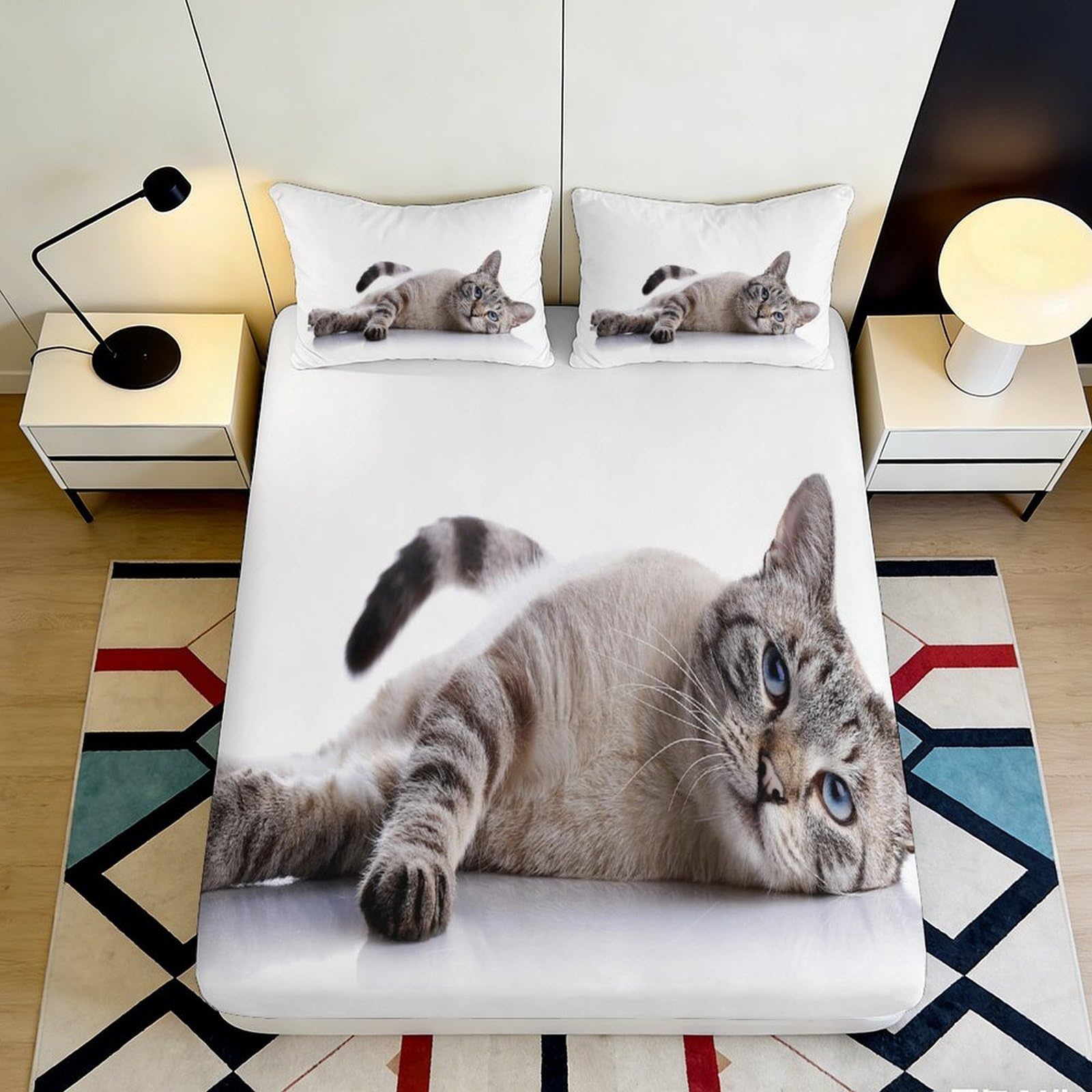 3D Printed Lifelike Cat Fitted Sheet Microfiber Soft Breathable Tabby Cat Mattress Cover for Bedroom Guestroom Home Decor 90x200x25cm