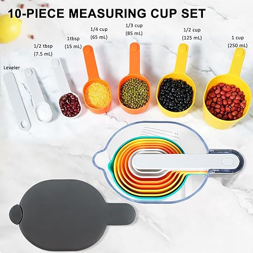 Miniatura 27 de Juego de tazas y cucharas medidoras de 10 piezas, taza medidora apilable con tapa, juego de cucharas medidoras para cocinar y hornear, para líquidos