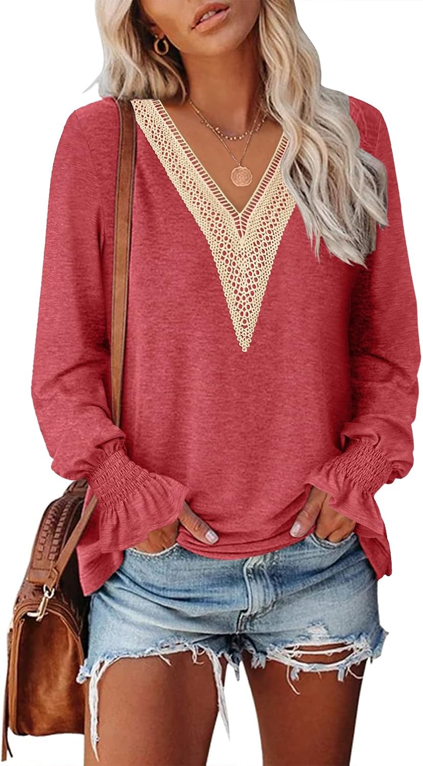 MEROKEETY Women’s Casual Long Puff Sleeve Tops Dressy Lace V Neck Smocked Cuffs Loose Tunic Blouses