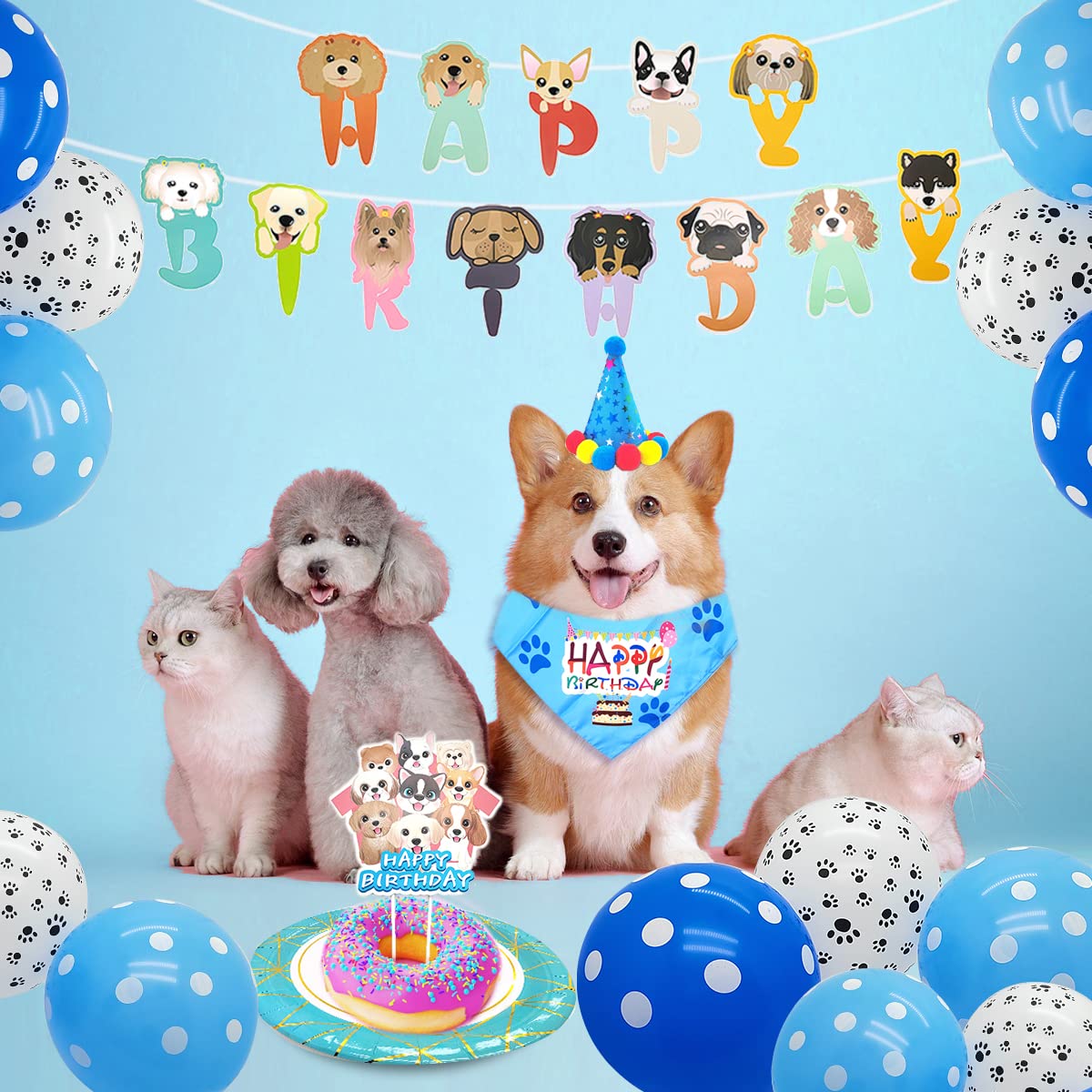 Dog Birthday Bandana,Pets Happy Birthday Party Decoration Supplies,Party Accessories 20Pcs include Cute Hat with Pom Poms,Happy Birthday Banner,Triangle Scarf and Paw Pattern Polka Dot Balloons - Blue