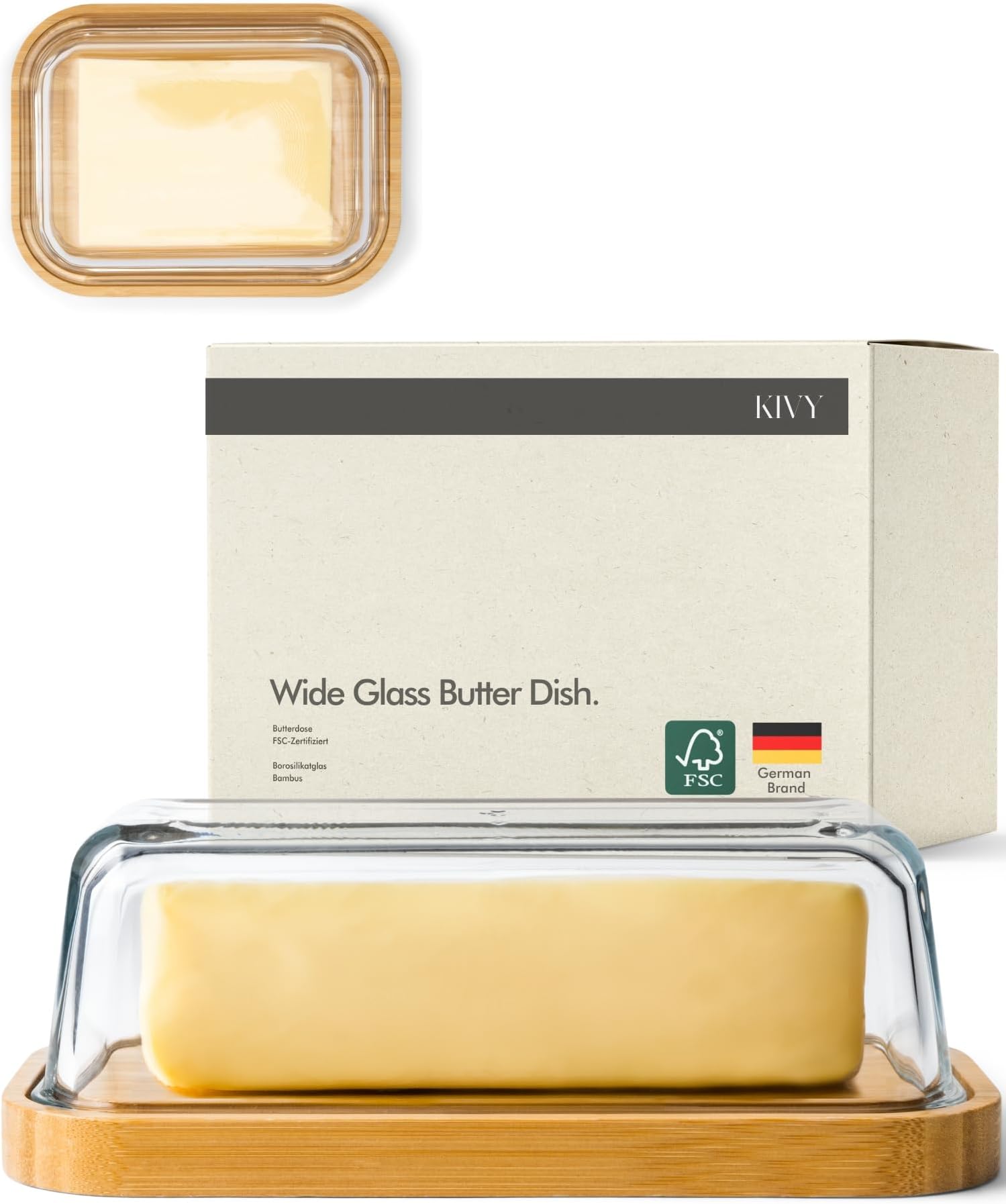 Butter Dish - Glass with Bamboo Lid, Fits 250g Pack, Black