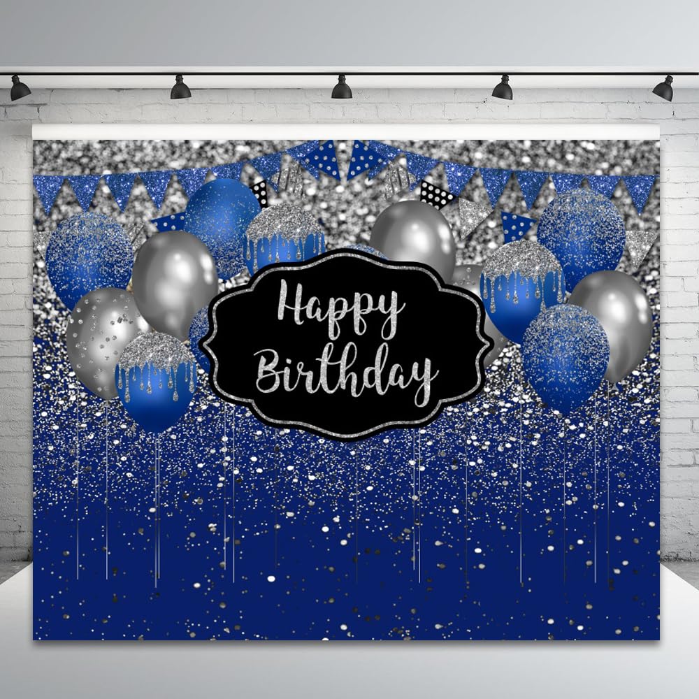 Happy Birthday Fotohintergrund – 3x2,4 M, Blau-silber Glitzer, Ballons, Für Geburtstagsfotos, Party-Deko