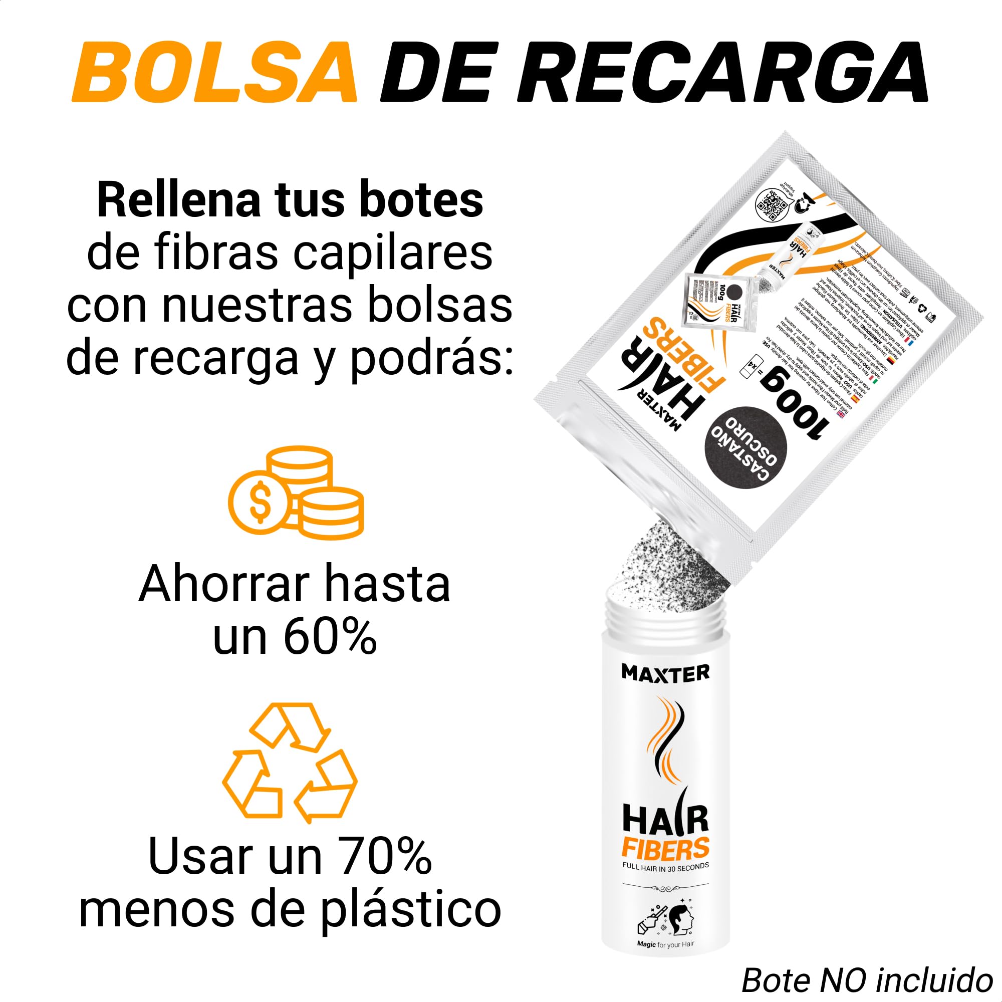 Maxter Fibre Capelli CASTANO SCURO + Borsa di Ricarica 100g - Polvere Volumizzante Capelli per Nascondere la Caduta dei Capelli e la Calvizie - Fibre Cotone per Capelli - Per Uomo e Donna - Hair Fiber