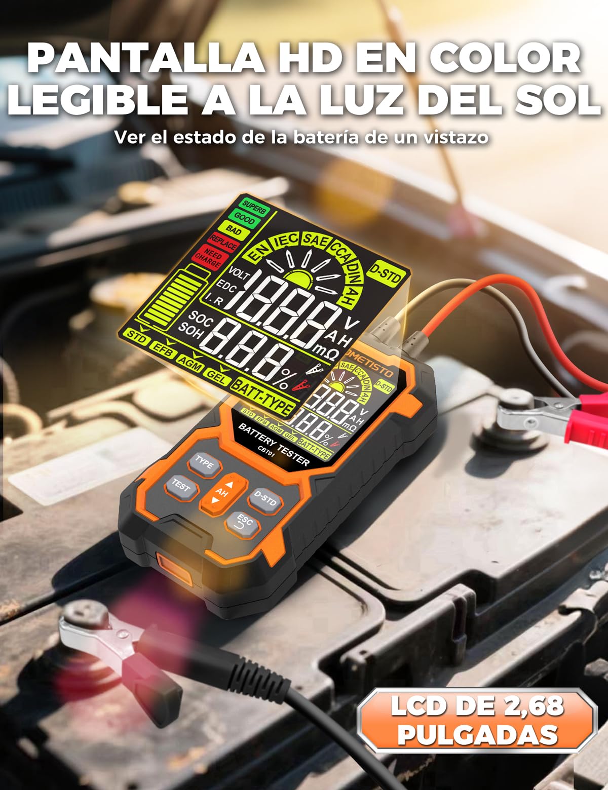 Comprobador De Baterias de Coche POROMETISTO CBT01 | Probador batería 12V/24V 50-1999 CCA. Para autos, motos, 4x4. Mide V, resistencia, CCA, SOC, SOH. Para aficionados y pros