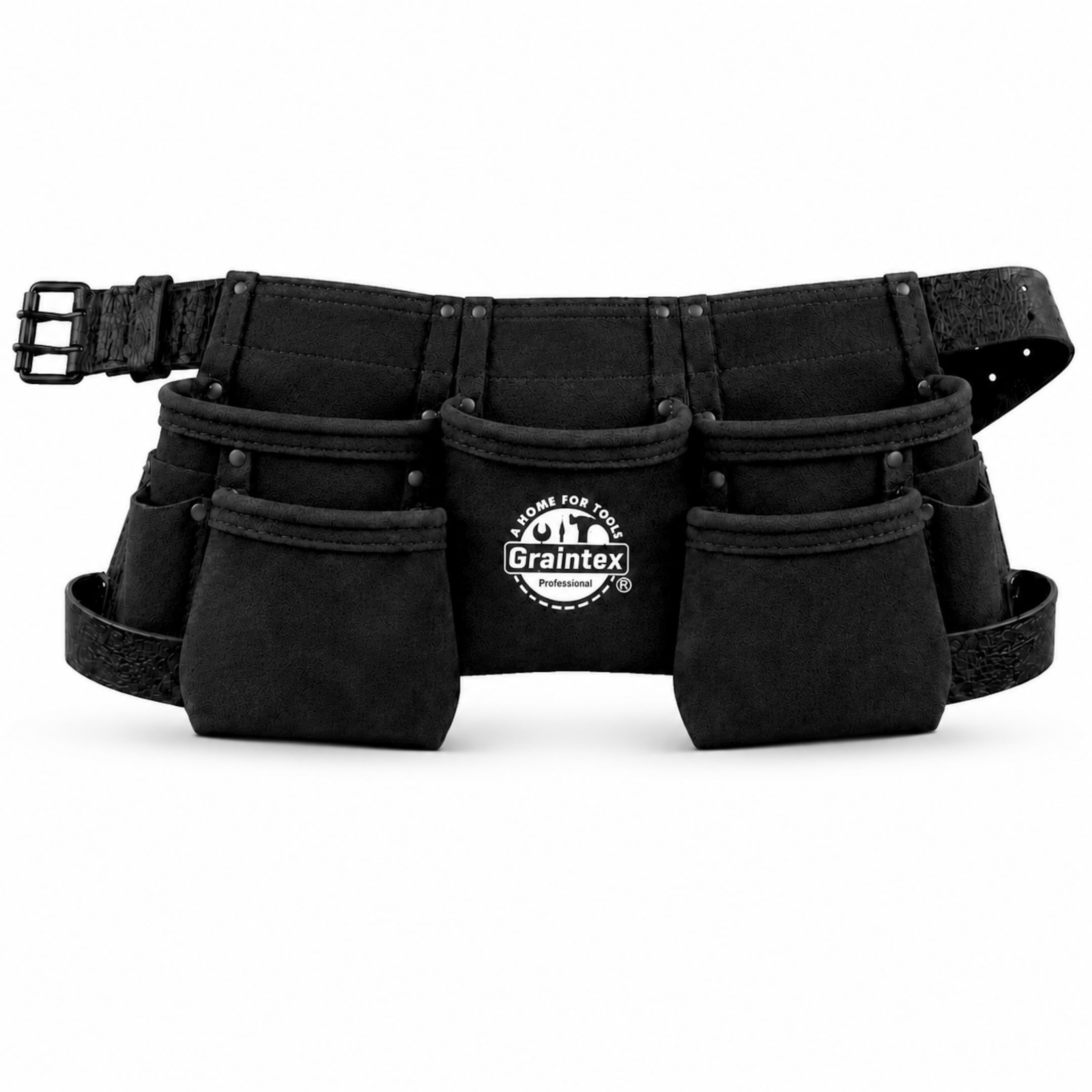 Graintex DS2248 Delantal de trabajo para niños con 9 bolsillos, color negro, piel de ante con cinturón de cuero de 1.1/2 pulgadas, 2 trabillas para soportes de martillo