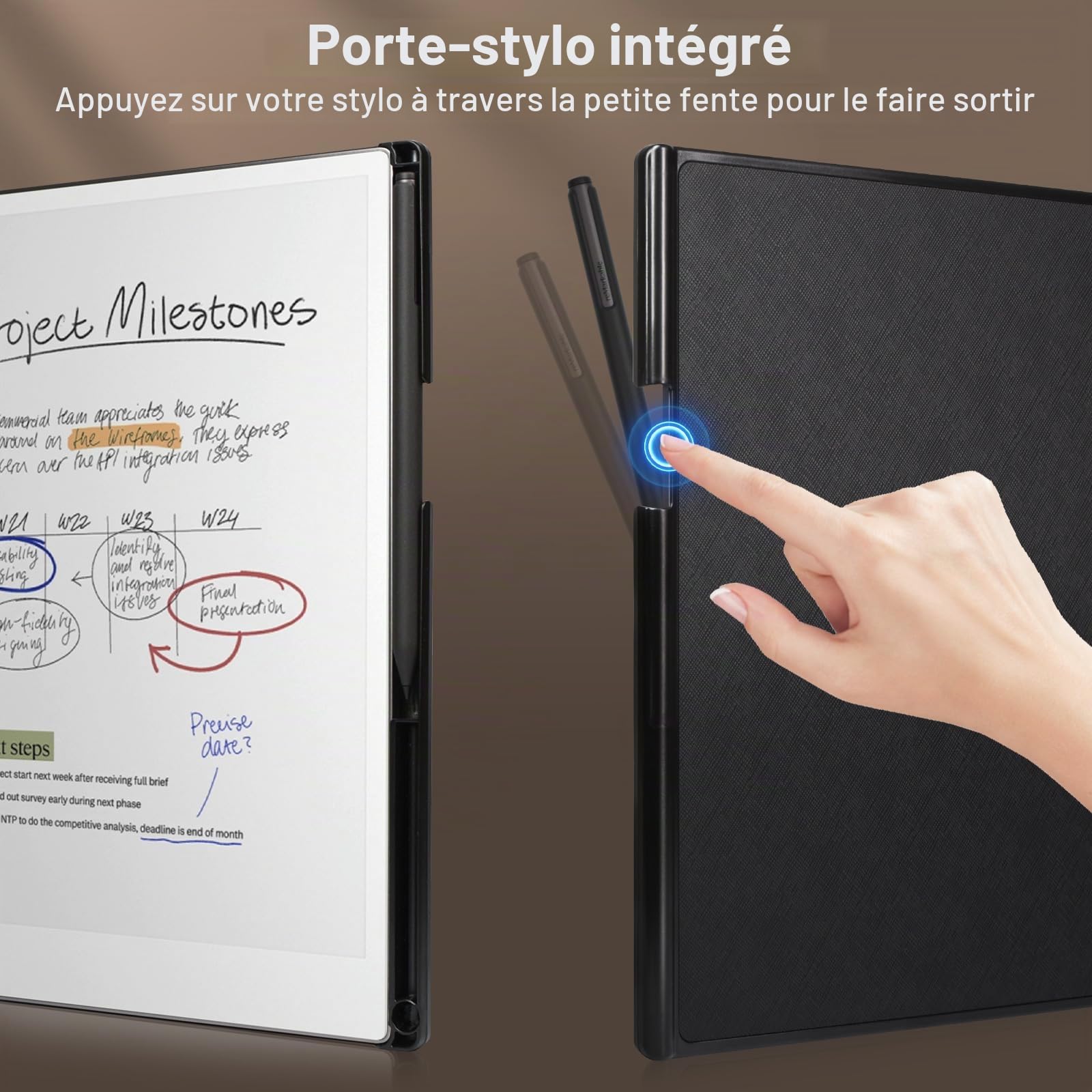 Caweet Étui avec Support pour Remarkable Paper Pro 11,8" 2024, Coque arrière Rigide de Protection avec Fonction Veille/réveil Automatique avec Porte-Stylo et dragonne, Noir