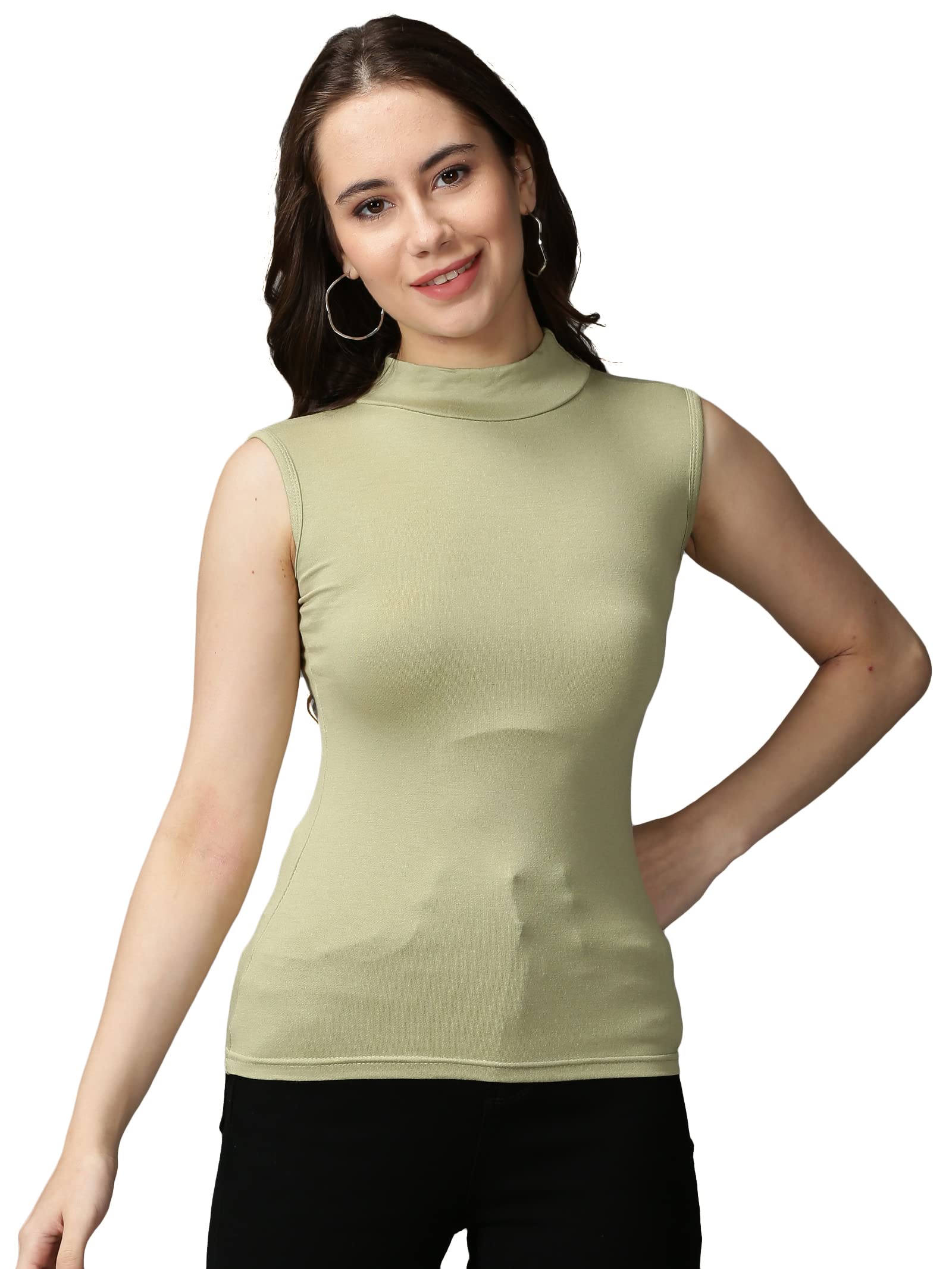 showoffff SHOWOFF Women's Sleeveless High Neck Olive Solid Top-AE-10491_Olive-picture-45