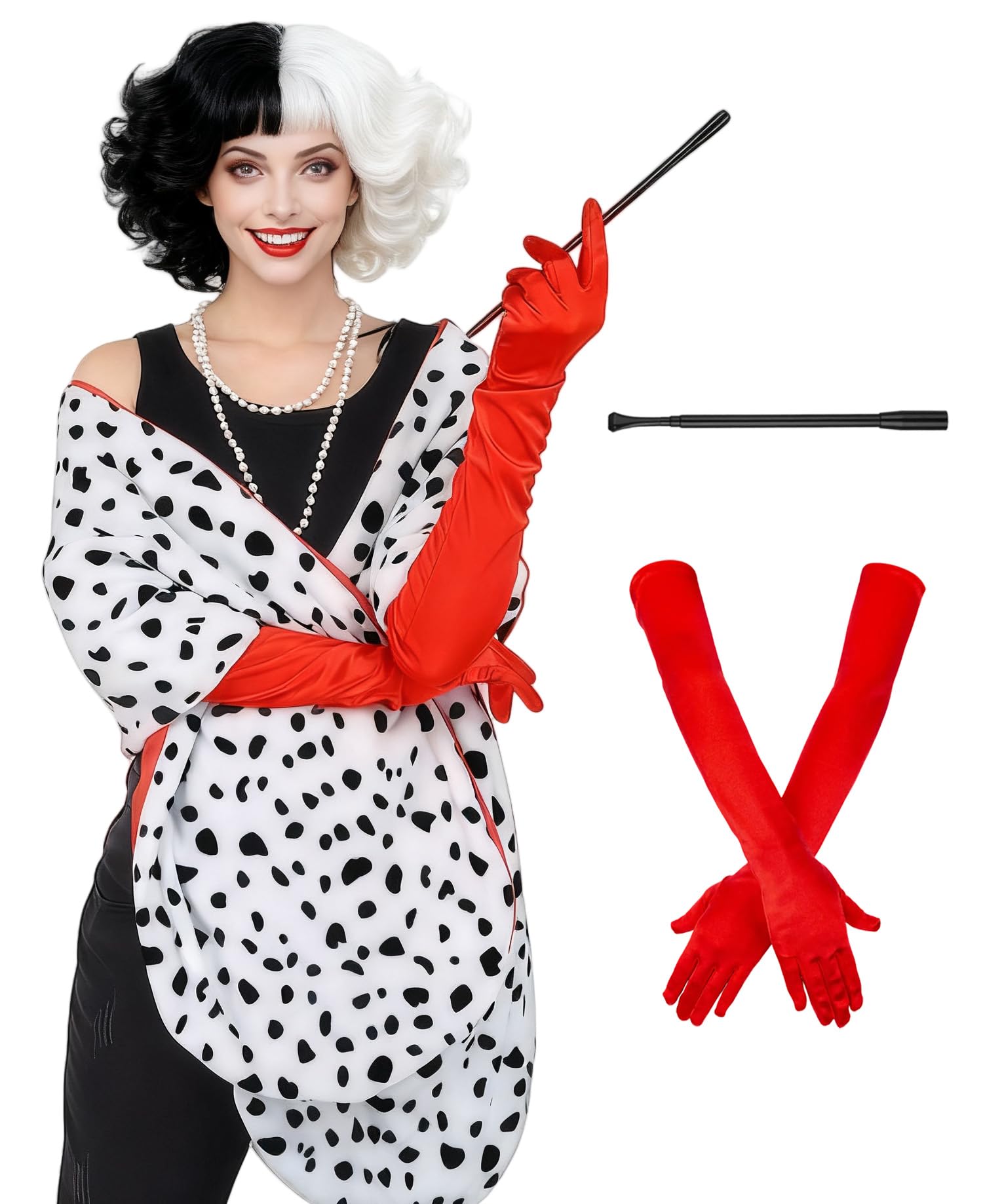 Cruella Deville Costume Women Dalmation Shawl Faux Stole with 1920s Gloves and Holder Halloween Cosplay Party MA025BW