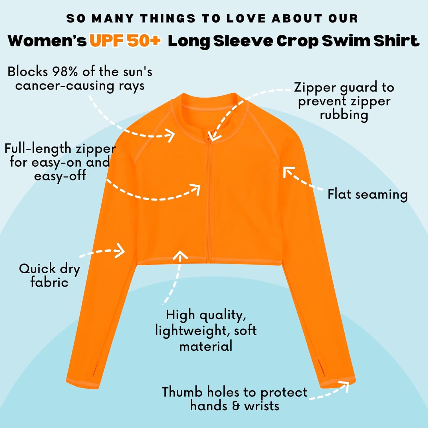 SwimZip Women's Long Sleeve Crop Top Rash Guard Swim Shirt - UPF 50+ with Zipper