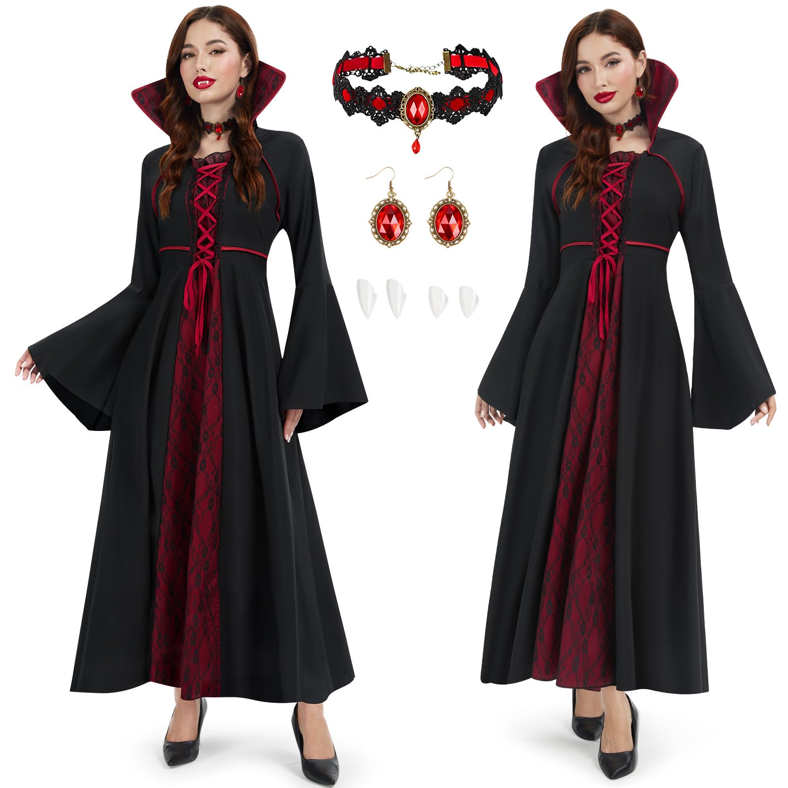 Joellfuner Women's Vampire Costume, Halloween Costume Adult Women, Adult Dracula Dress with Red and Black Turtleneck Necklace, Earrings and Vampire Fangs for Halloween Carnival Cosplay