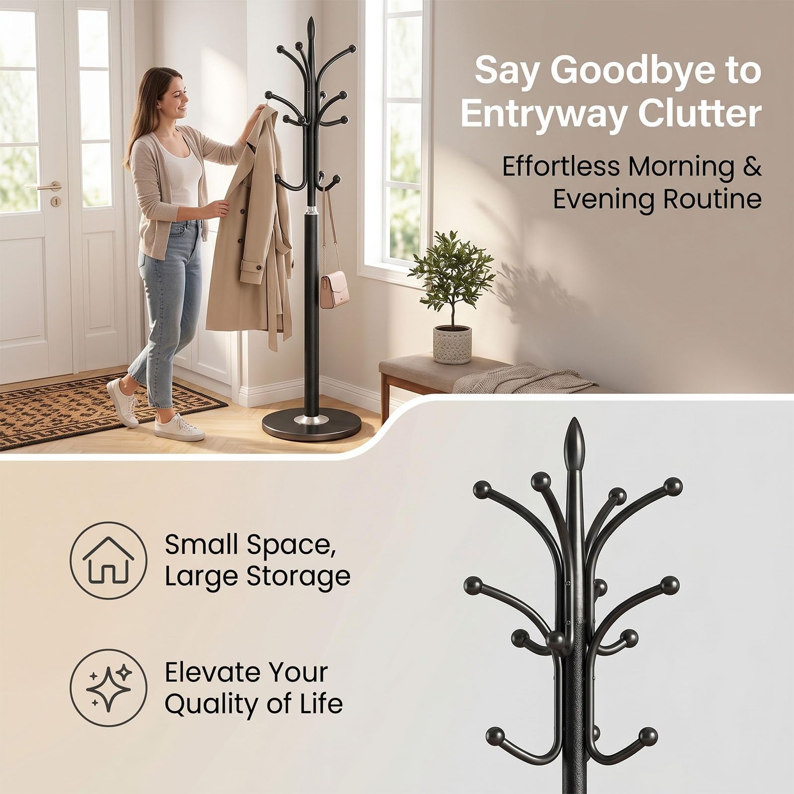 Appendiabiti da Terra Metallo Design Albero Base in Marmo 6 Ganci Stabile