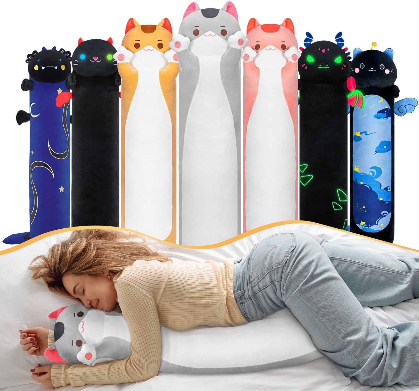 Mewaii 20in Long Cat Plush Pillows Stuffed Animals Squishy Pillows - Cute Plushie Kitten Sleeping Hugging Pillow Toys for Kids(Gray)