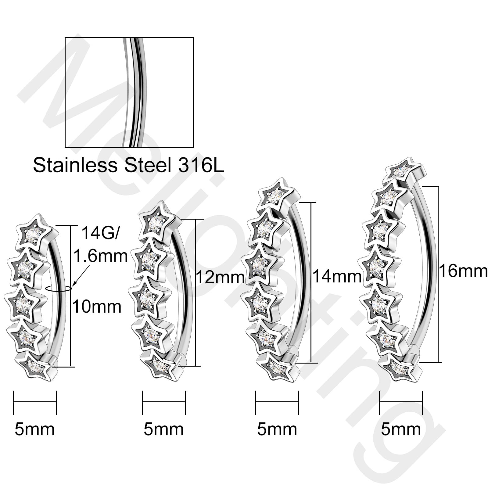 Melighting Piercing per ombelico a forma di stella, in acciaio inox, con zirconia cubica