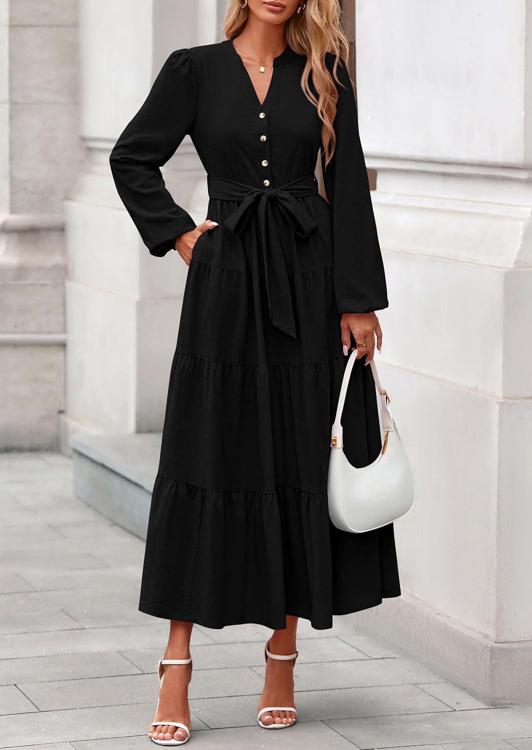 PRETTYGARDEN Maxi Dresses for Women Spring Long Sleeve V Neck Belted A Line Flowy Boho Wedding Guest Dress Pockets - Image 6