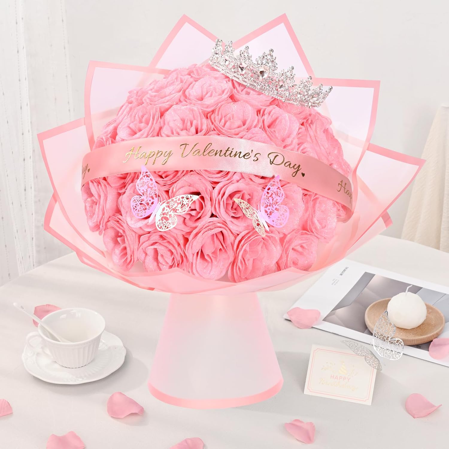 Waipfaru Glitter Roses Bouquet, Valentines Day Gifts for Her, DIY Fake Pink Flowers Bouquet with Valentine's Stand-Up Signs, 36 Pcs Rose for Women Wife Girlfriend - Image 8