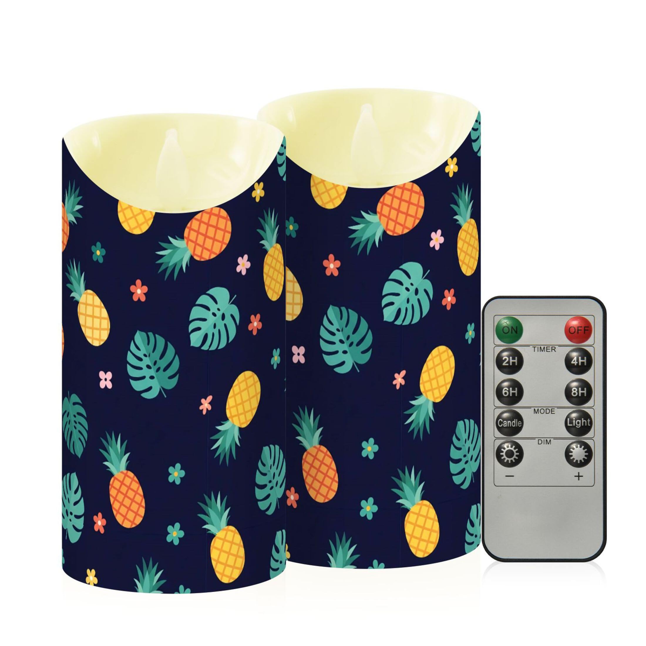 Fuauuyl Pineapples LED Flameless Candles Flickering Plastic Pillar Candles Battery Operated Votive Candle with Remote Control and Timer, Home Decoration 2 Pack