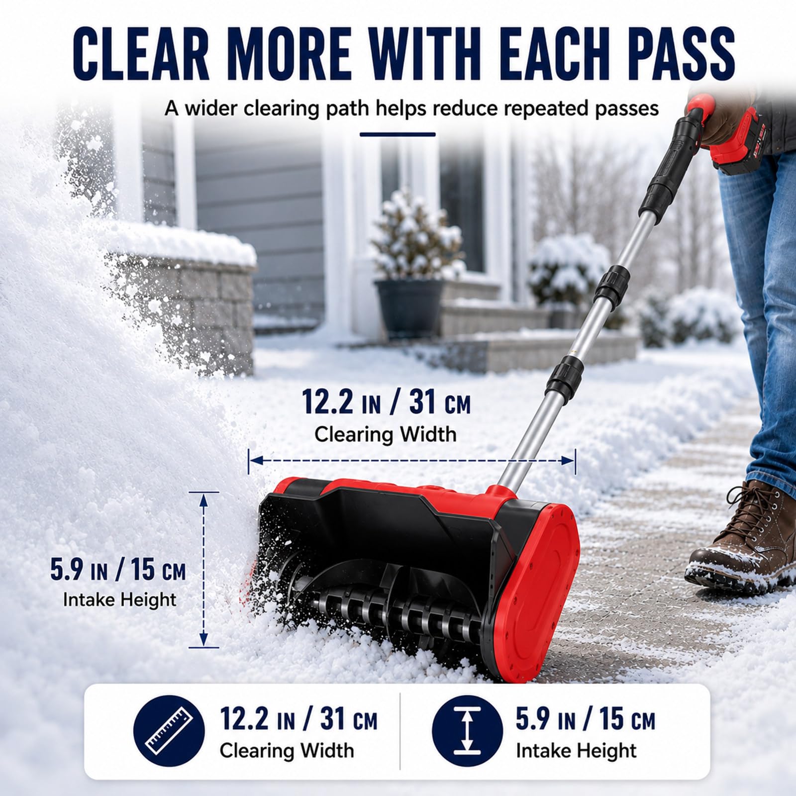 Pala da Neve elettrica 21 V con Batteria da 3,0 Ah, Motore da 1000 W, Larghezza 31 cm e Lancio Fino a 8 m per vialetti, marciapiedi, terrazze e ingressi di casa in Inverno