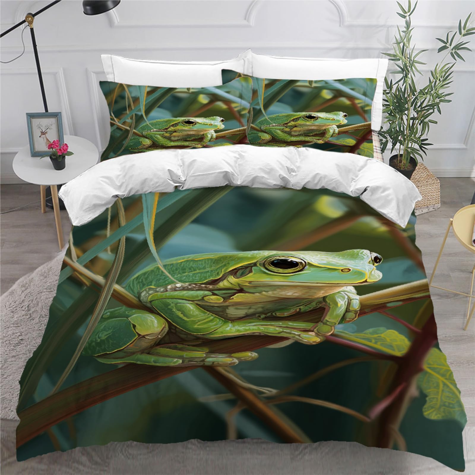 Generico Rana verde Set Copripiumino, Animale per bambini Copripiumini 220x260cm con 2 Federe, Pianta Set Letto set da letto 3 pezzi, Hobby di arredamento per la casa Copripiumini Morbido Traspirante