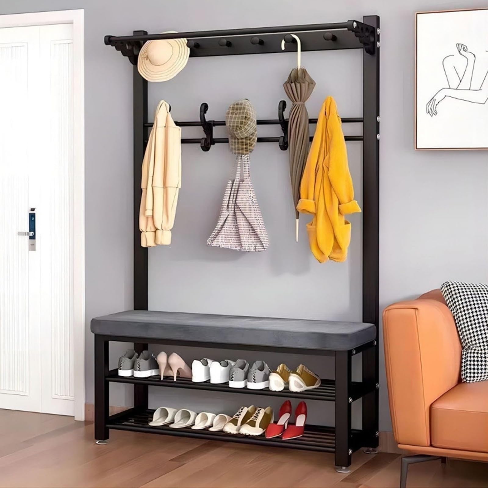 Entryway Coat Rack Bench with Shoe Storage Shelf Hooks Soft Cushion Hanging Rod Metal Frame Living Room Hallway Bedroom Organizer Black 100x33x172cm