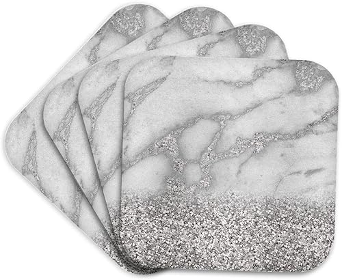 3dRose Posavasos suaves de lujo con estampado de imitación metalizado de mármol con purpurina de piedra gema gris plata