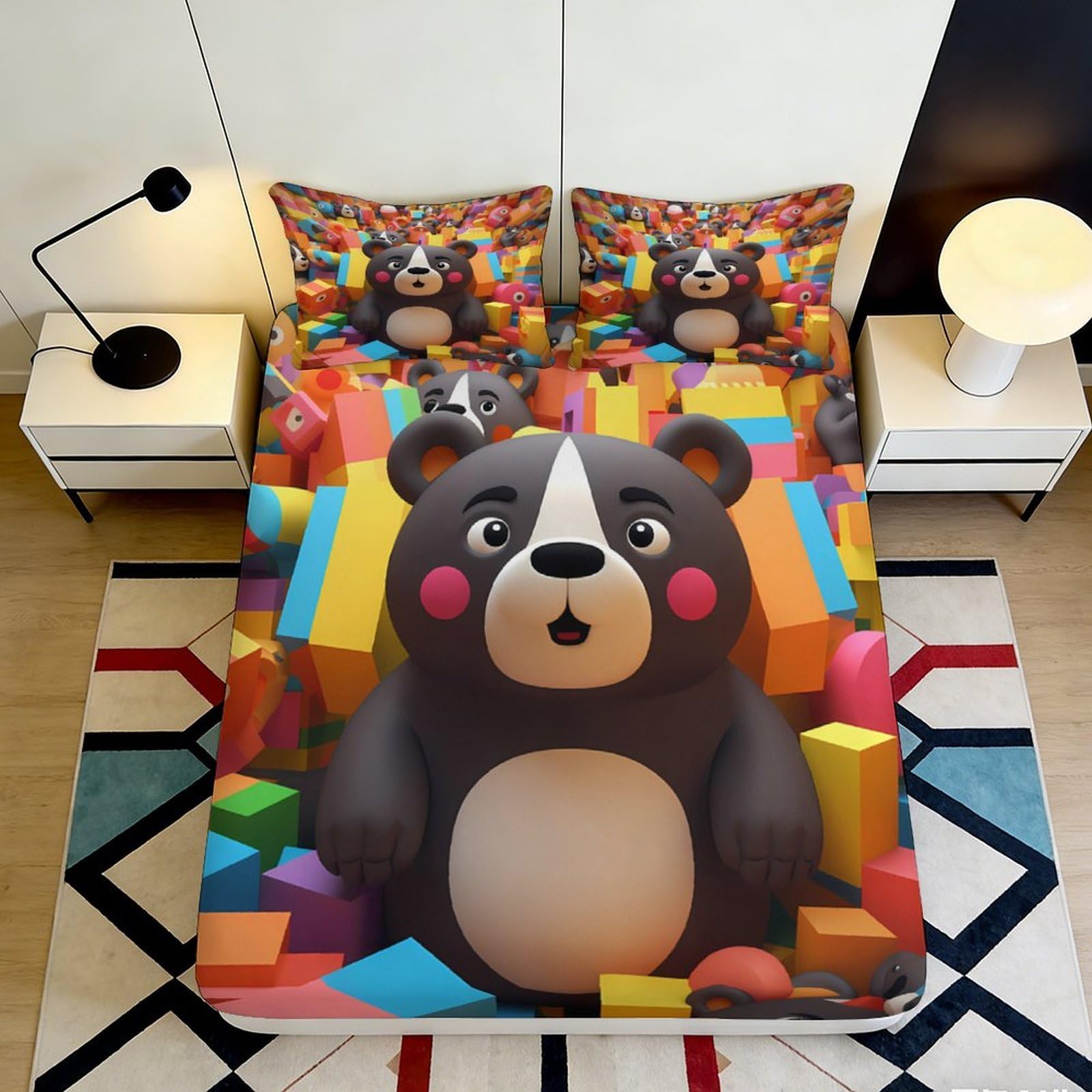 Uynsixtme Style-5 3D Printed Cartoon Bear Fitted Sheet Microfiber Deep Pocket Bedroom Bedding Cartoon Bear Mattress Fitted Cover Washable 200X200x25cm