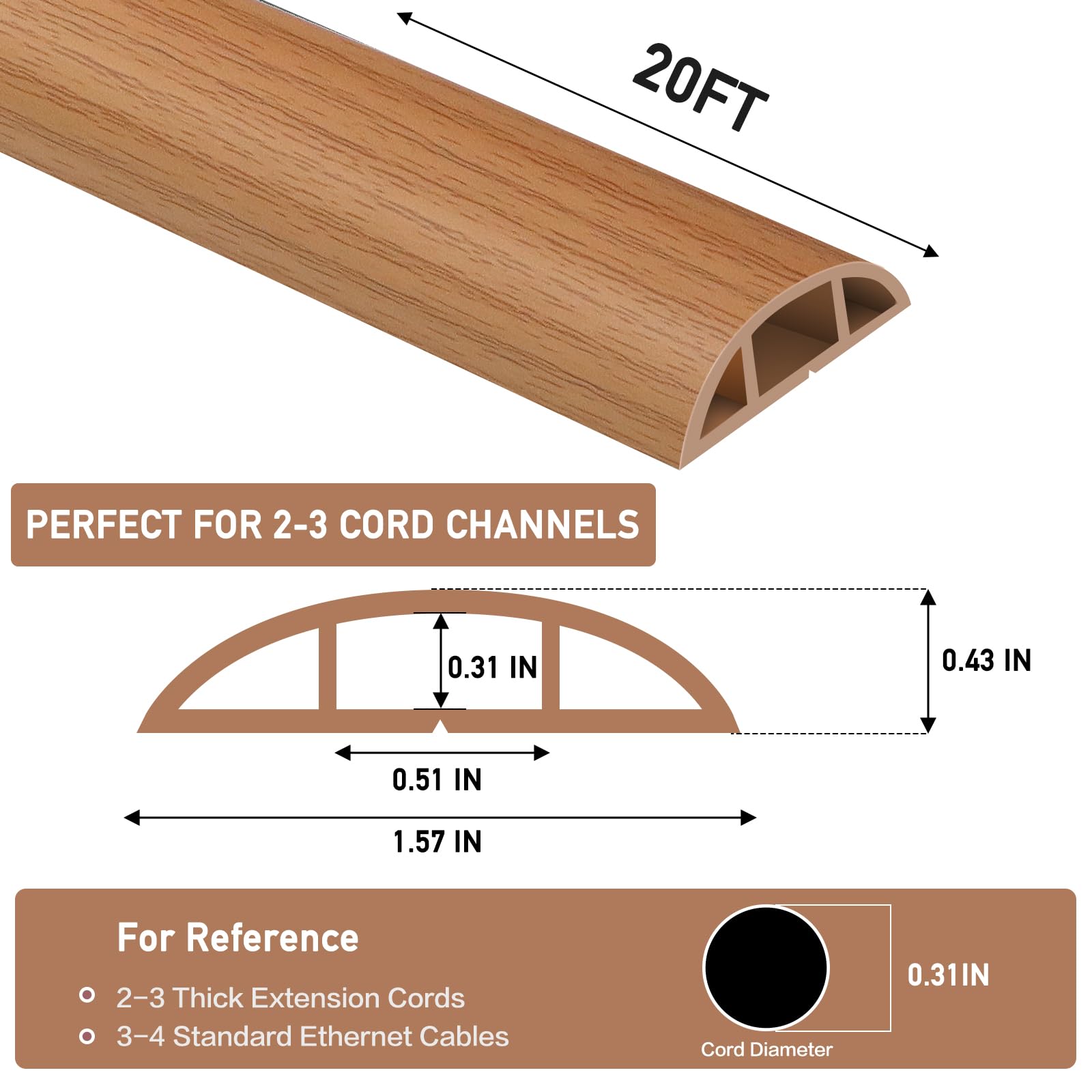 Cubierta de cable de suelo autoadhesiva, cubierta de cable de extensión de suelo para el suelo, protector de cables de alimentación para evitar viajes de cables, cavidad de cable de 0.5 pulgadas de