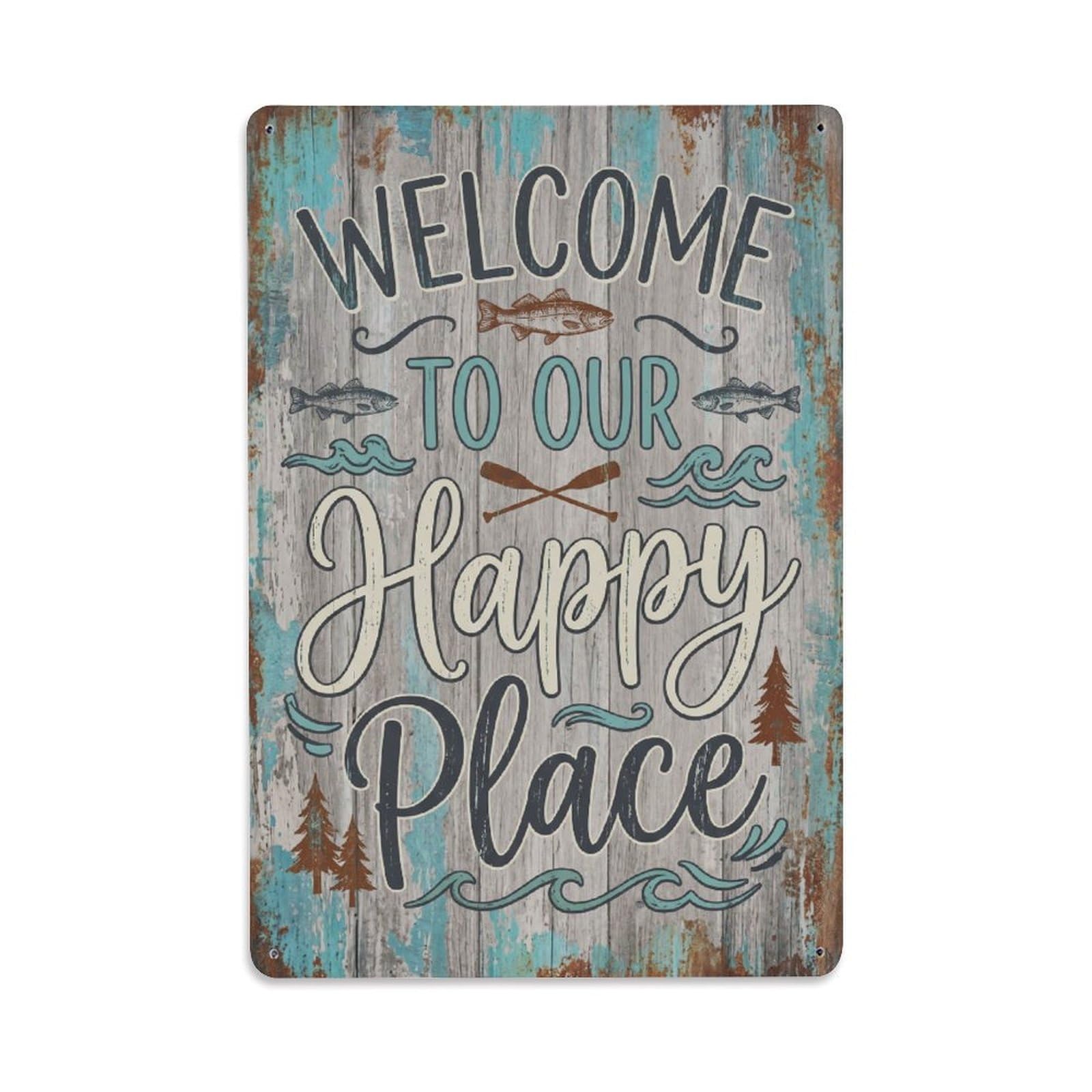 Welcome To Our Happy Place Lakehouse Porch Vintage Metal Tin Sign Plaque Wall Decor for Cafe, Club, Garden Metal Poster 8x12Inch