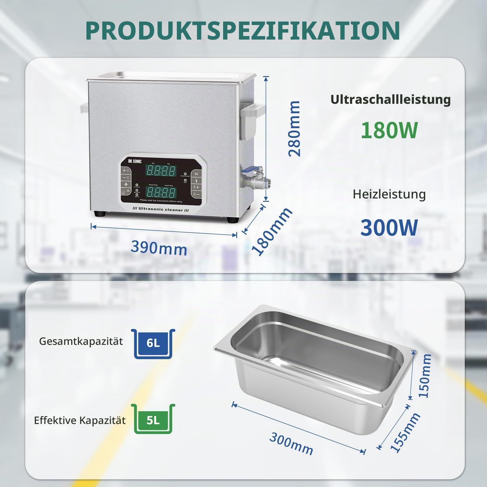 DK SONIC Ultraschallreiniger 6L, 180W Hochleistungs-Ultraschallreinigungsgerät mit Timer, Heizung und Touch-Steuerung, vielseitig einsetzbar für Motorradmotoren, Vergaser, Ketten (inkl. Korb)
