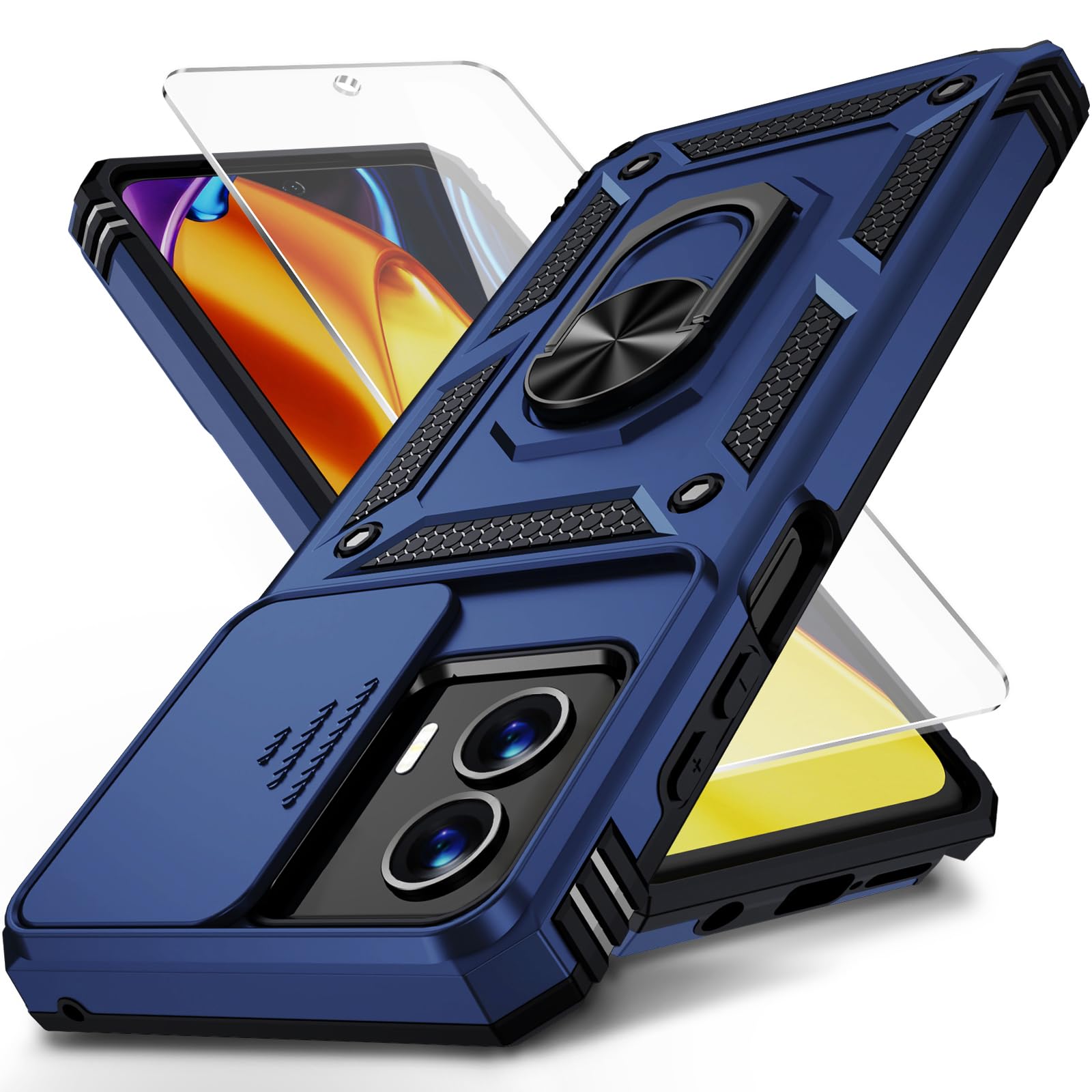 Weycolorfor Moto G Stylus 5G 2024 Case with Camera Lens Cover, HD Screen Protector, 10 FT Military Grade Drop Protection, Magnetic Ring Holder Kickstand Protective Phone Case, Navy Blue
