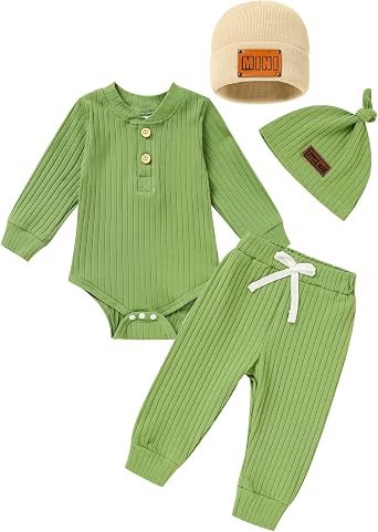 Newborn Baby Boy Girl Clothes Set Ribbed Outfits Solid Long Sleeve Tops Pants Romper Winter Fall Toddler 0-12 Months