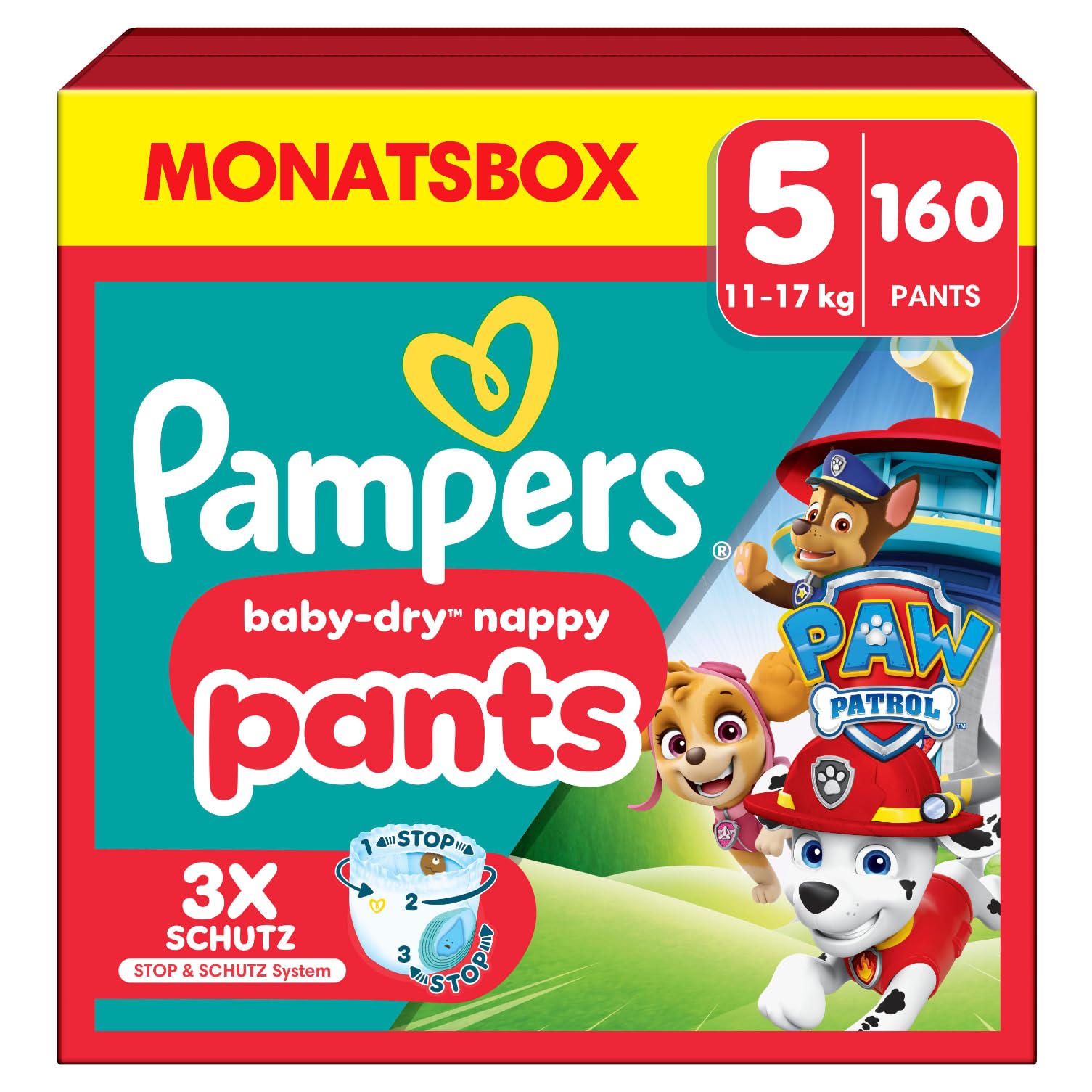Pampers Baby-Dry Pants Paw Patrol Edition Size 5, 160 Nappies, 11 kg-17 kg, 360° Fit Helps Prevent Leaks