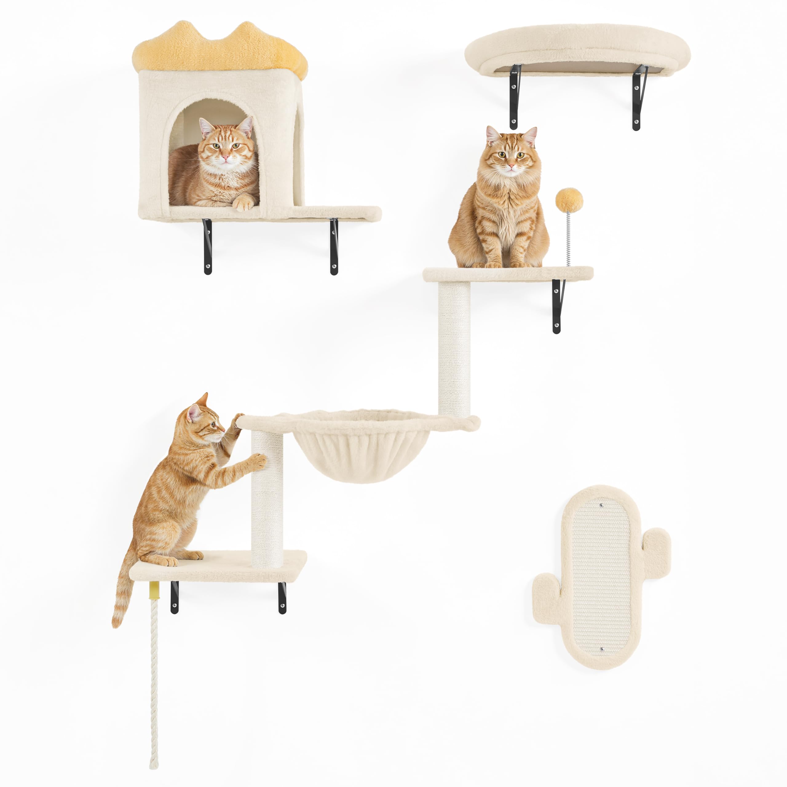 Yaheetech Mensole e Piattaforme per Gatti 4 in 1 da Parete Set Modulari con Cuccia Amaca Tiragraffi e Cestino Mobili da Parete Compatto per Gatti da Interno (Beige)